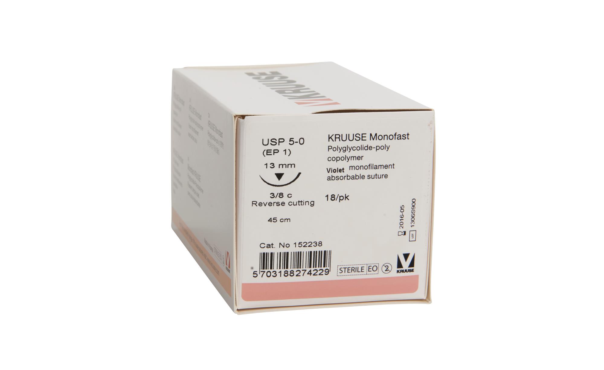 KRUUSE Monofast Suture, USP 5-0, 45 cm, violet, 13 mm needle, 3/8 C, RC, 18/pk