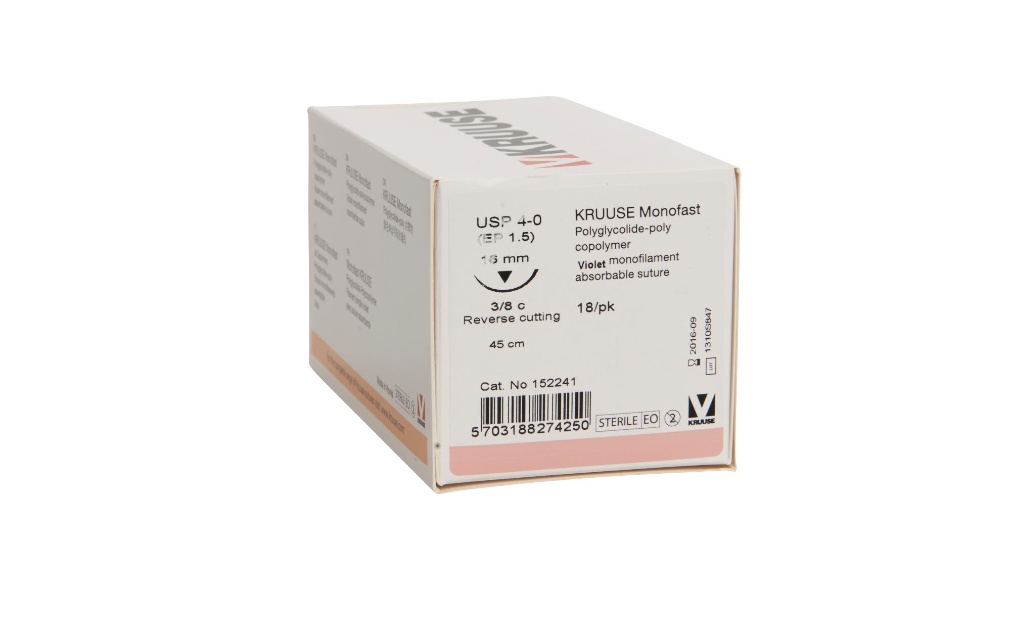 KRUUSE Monofast suture, USP 4-0, 45 cm, purple, 16 mm needle, 3/8 C, RC, 18/pk