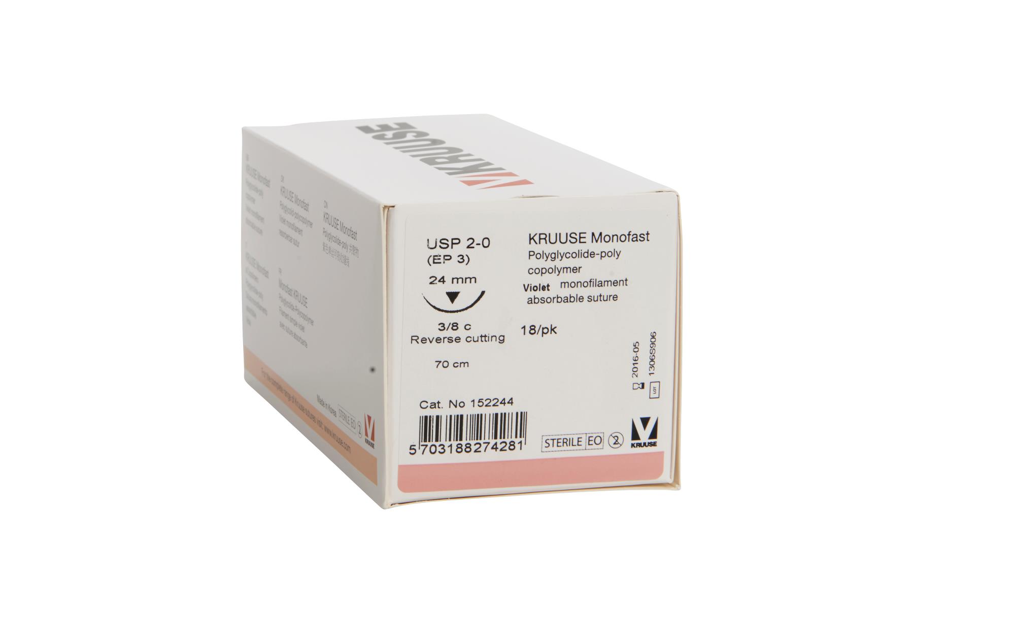 KRUUSE Monofast Suture, USP 2-0, 70 cm, purple, 24 mm needle, 3/8 C, RC, 18/pk