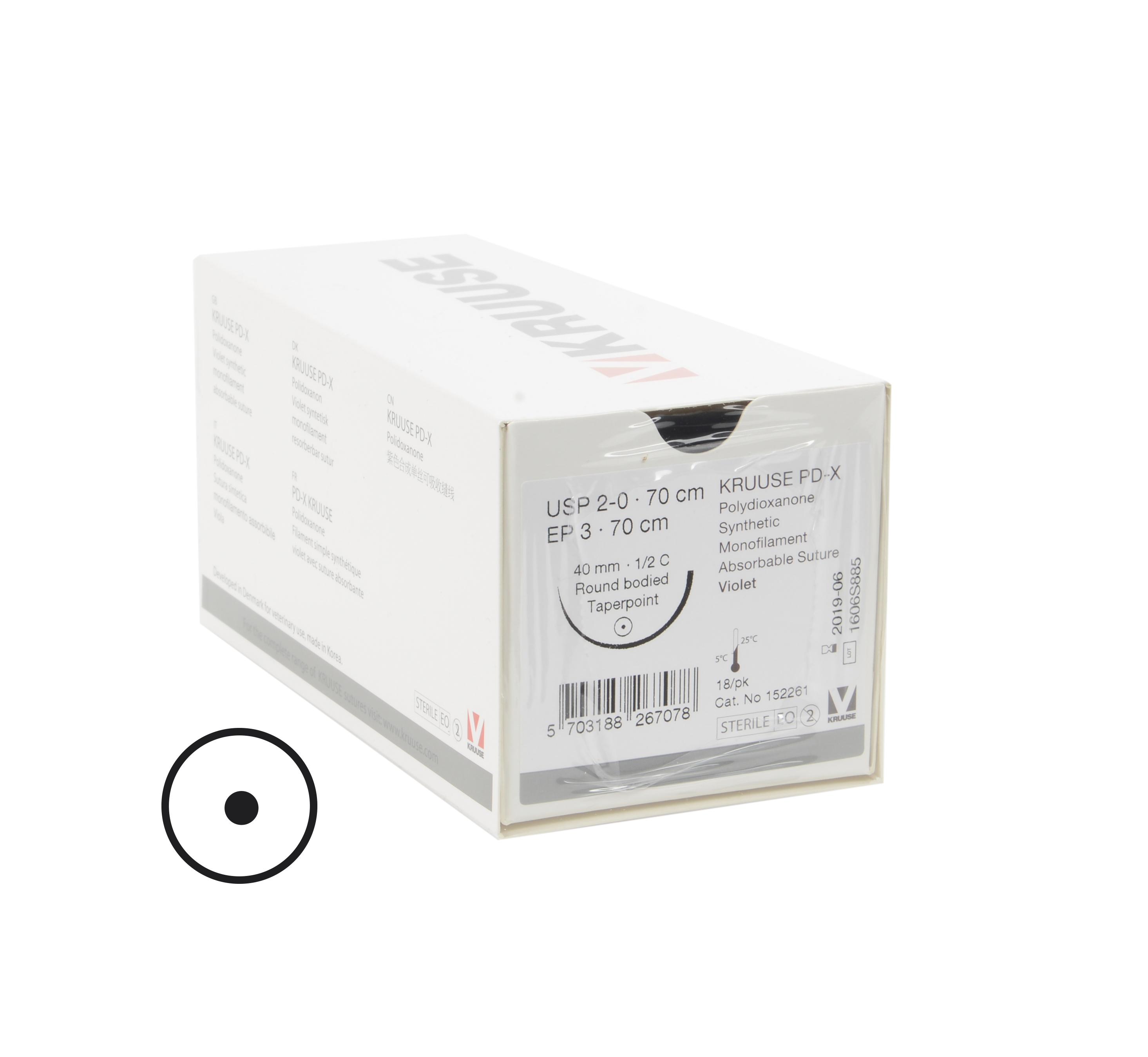 KRUUSE PD-X suture, USP 2-0/EP 3, 70 cm. Needle: 40 mm, ½ C, Round Bodied, taperpoint. 18/pk