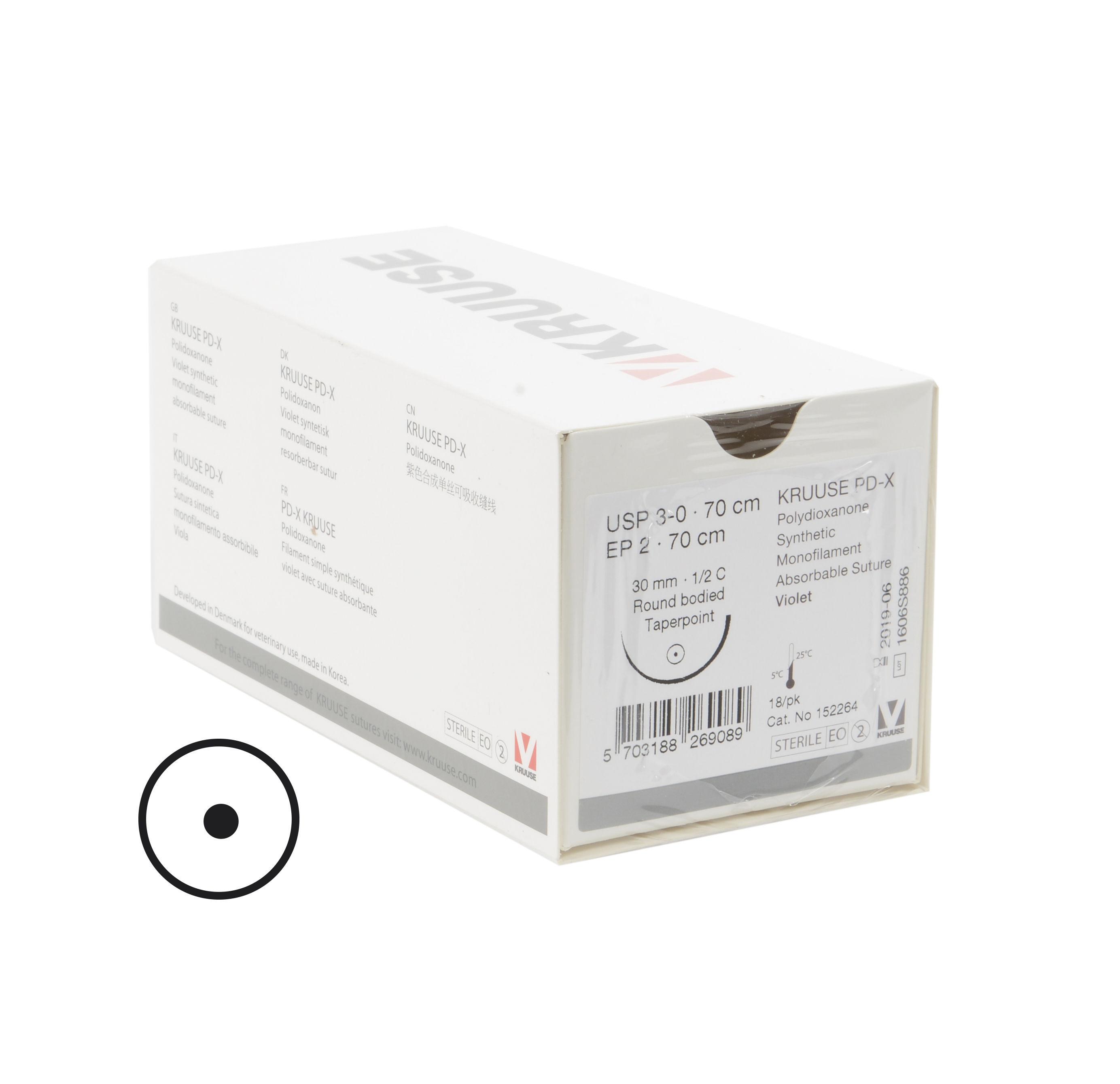 KRUUSE PD-X suture, USP 3-0/EP 2, 70 cm. Needle: 30 mm, ½ C, Round Bodied, taper-point, 18/pk