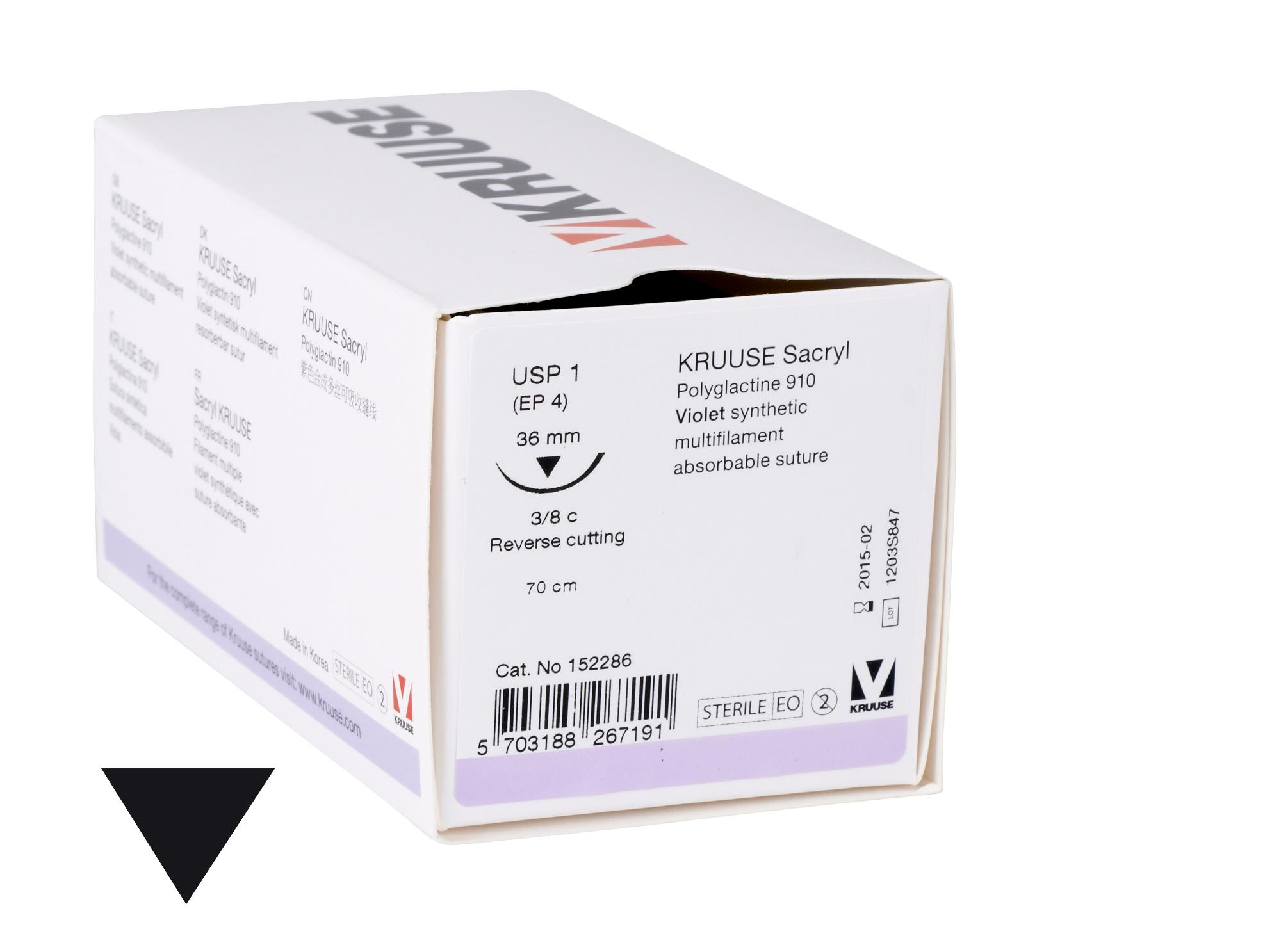 KRUUSE Sacryl Suture, USP 1, 70 cm, needle: 36 mm, reverse cutting, 3/8 circle, 18/pk
