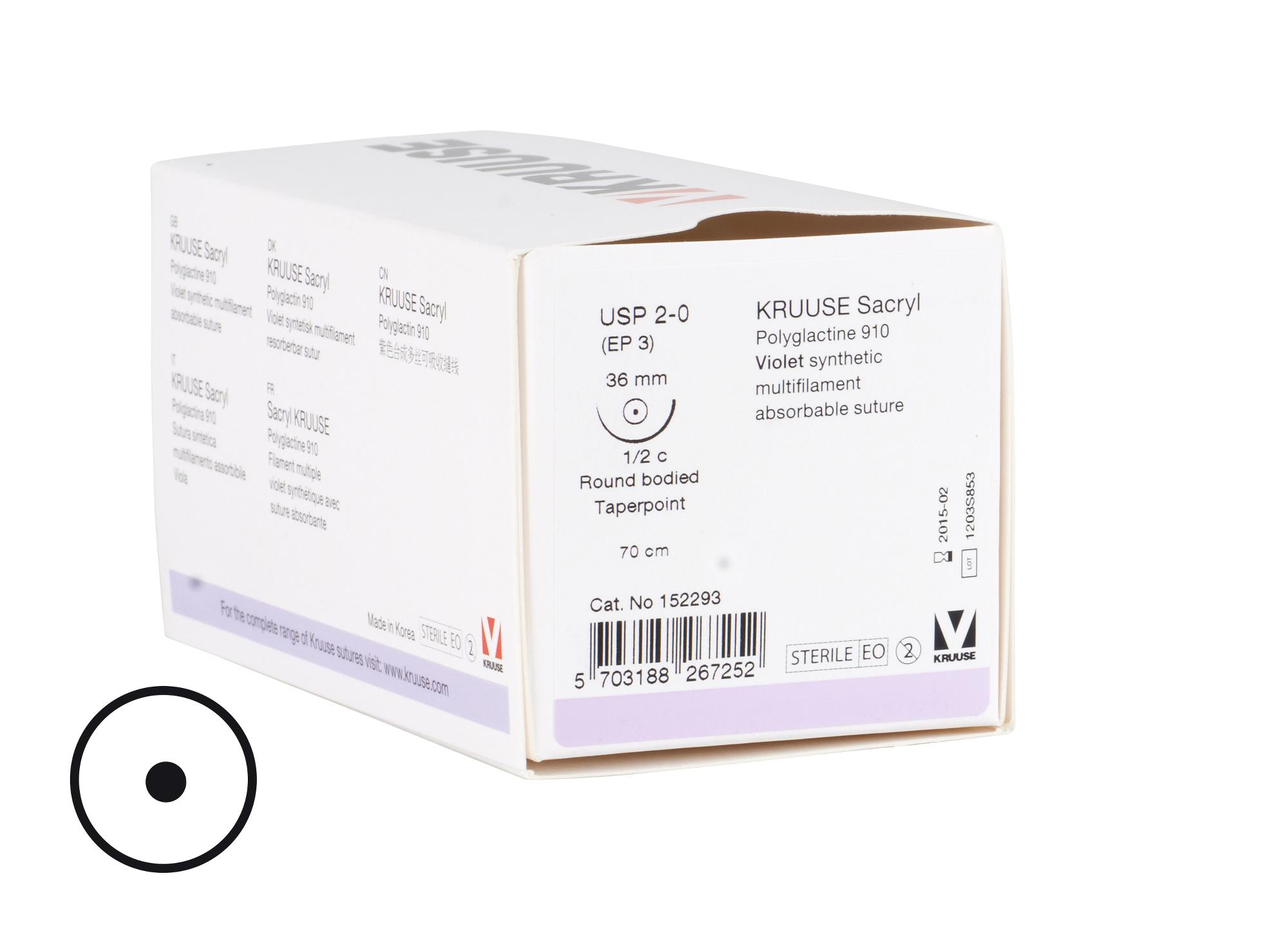 KRUUSE Sacryl Suture, USP 2-0, 45 cm, needle: 36 mm, round bodied - taper-point, ½ circle, 18/pk