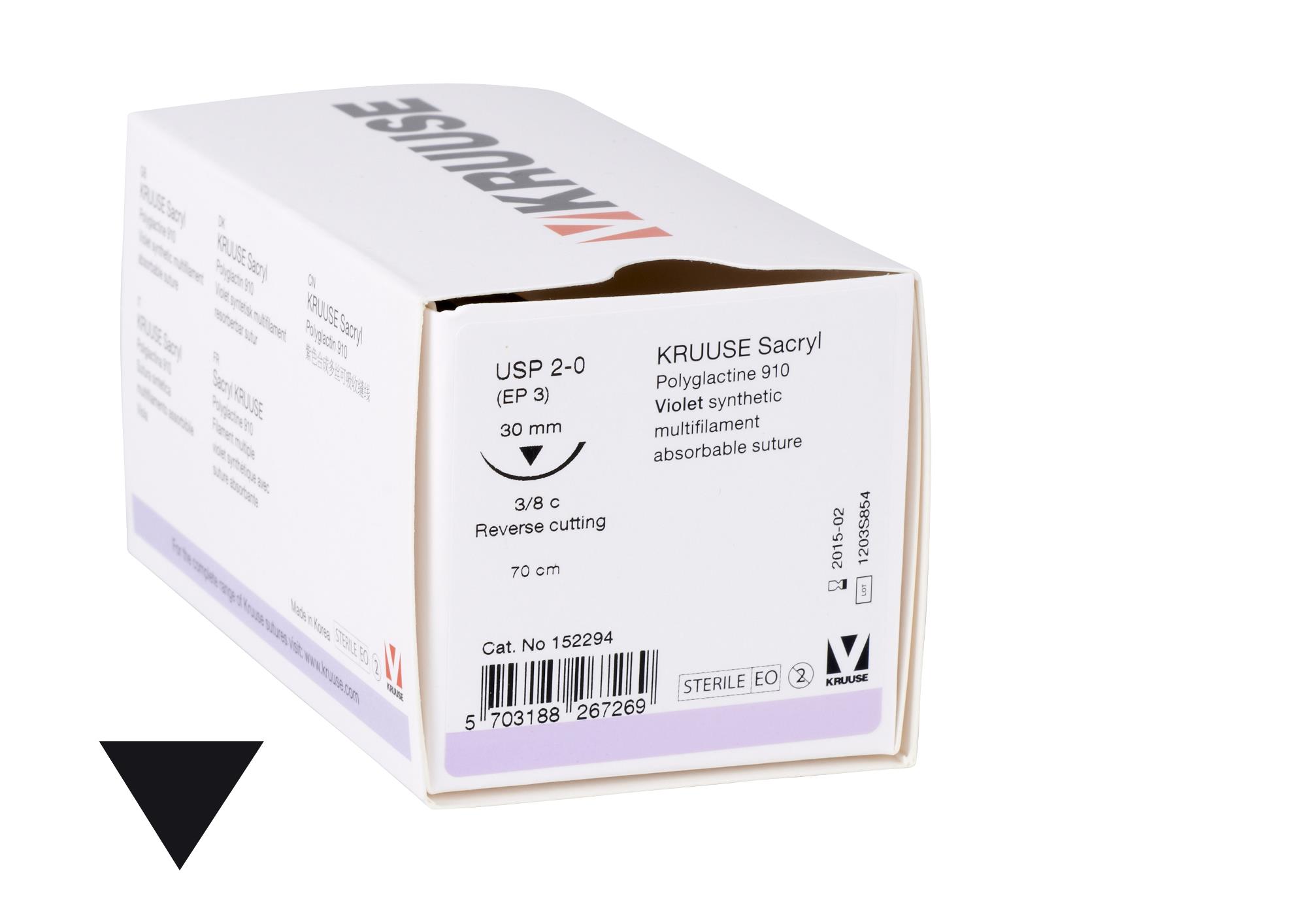 KRUUSE Sacryl Suture, USP 2-0, 70 cm, needle: 30 mm, reverse cutting, 3/8 circle, 18/pk