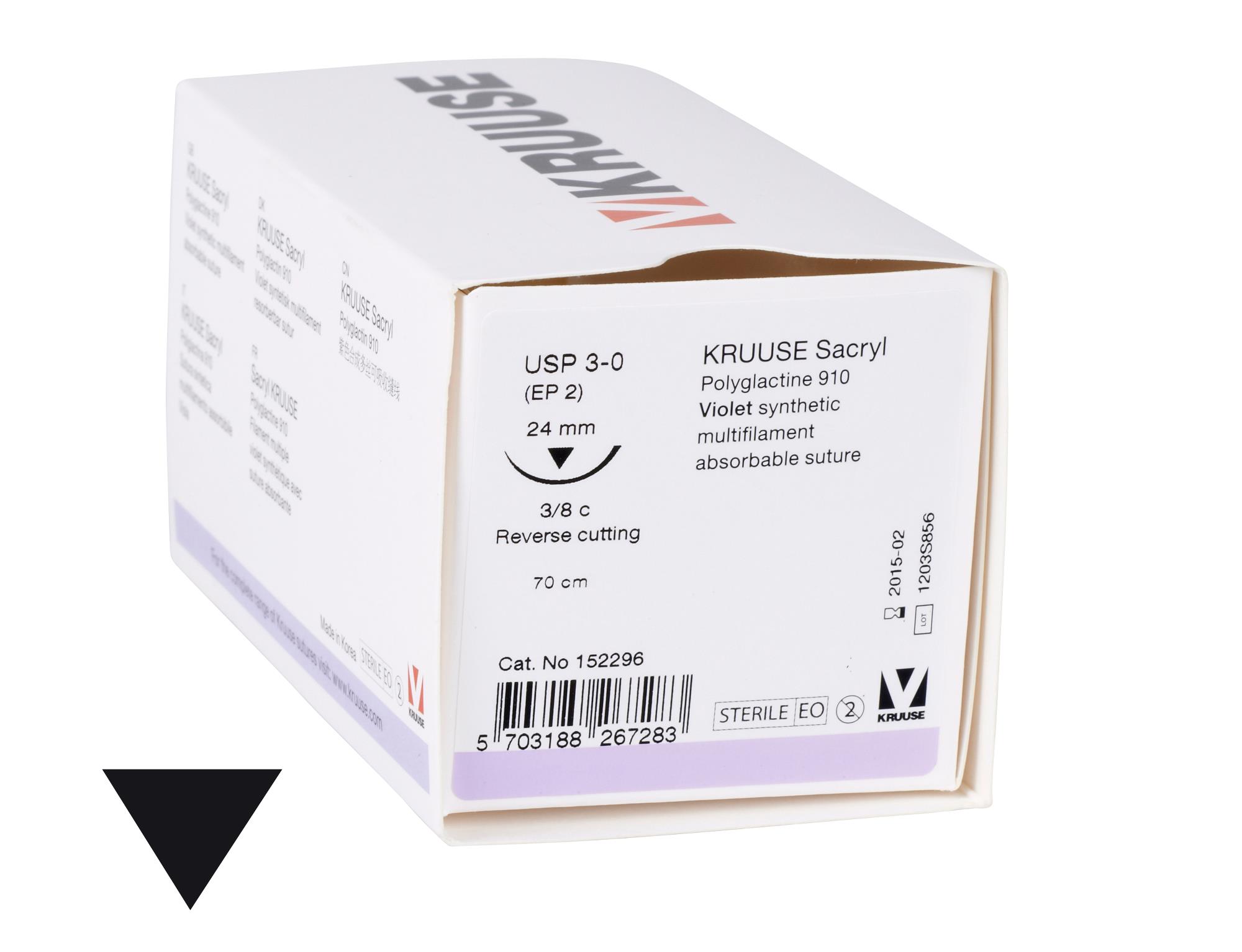 KRUUSE Sacryl Suture, USP 3-0, 70 cm, needle: 24 mm, reverse cutting, 3/8 circle, 18/pk