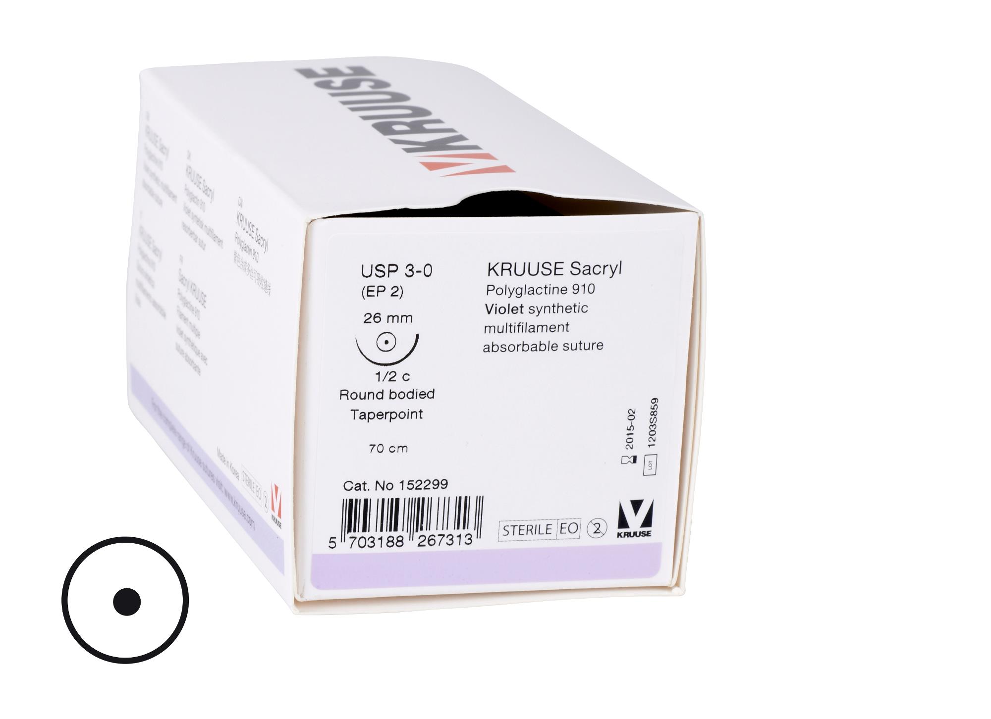 KRUUSE Sacryl Suture, USP 3-0, 70 cm, needle: 26 mm, round bodied - taper-point, ½ circle, 18/pk