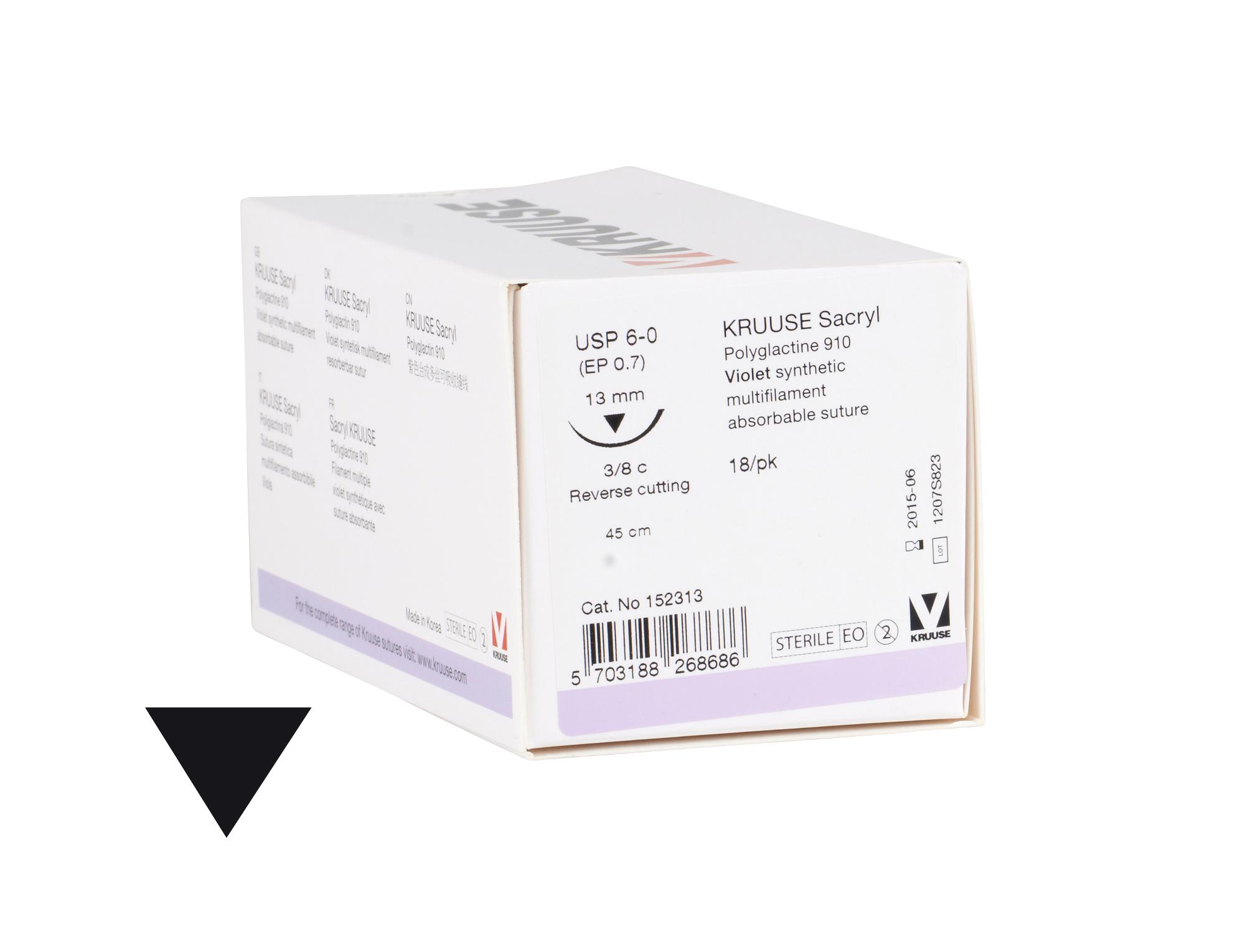 KRUUSE Sacryl suture, USP 6-0, 45 cm, needle: 13 mm, reverse cutting, 3/8 circle. 18/pk