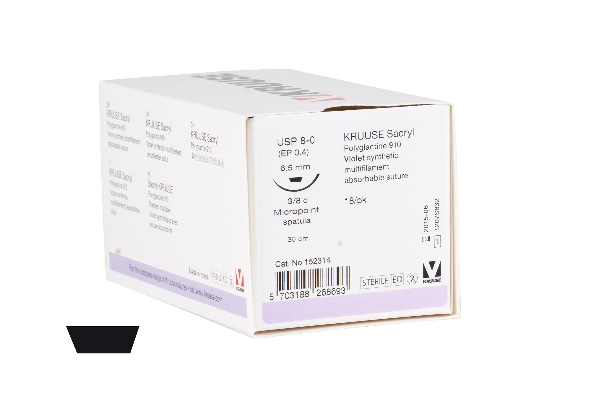 KRUUSE Sacryl suture, USP 8-0, 30 cm, needle: 6,5 mm, micropoint spatula, 3/8 circle. 18/pk