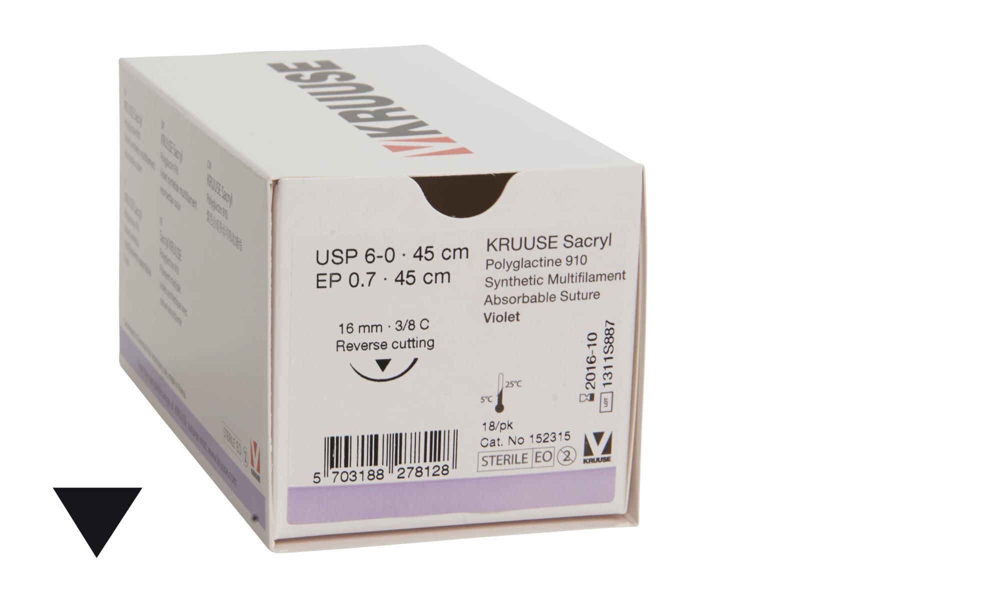 KRUUSE Sacryl Suture, USP 6-0, 45 cm, 16 mm, 3/8C, RC, 18/pk