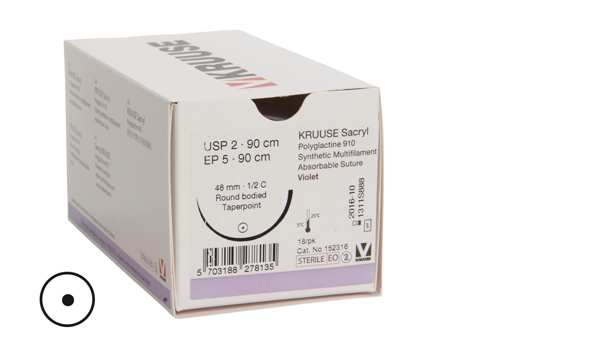 KRUUSE Sacryl Suture, USP 2, 90 cm, 48 mm, ½C, RB, 18/pk