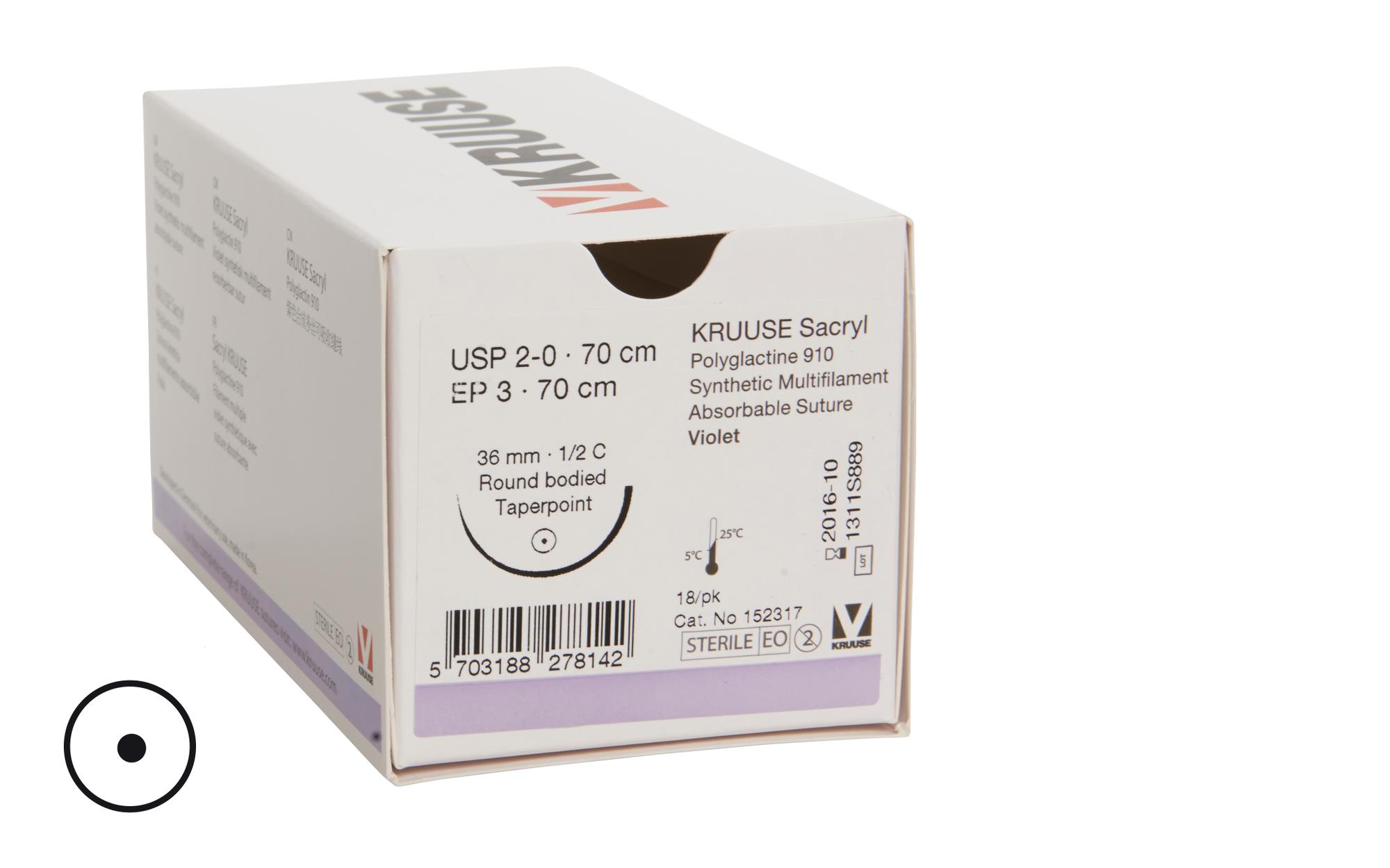 KRUUSE Sacryl suture, USP 2-0, 70 cm, 36 mm, ½C, RB, 18/pk