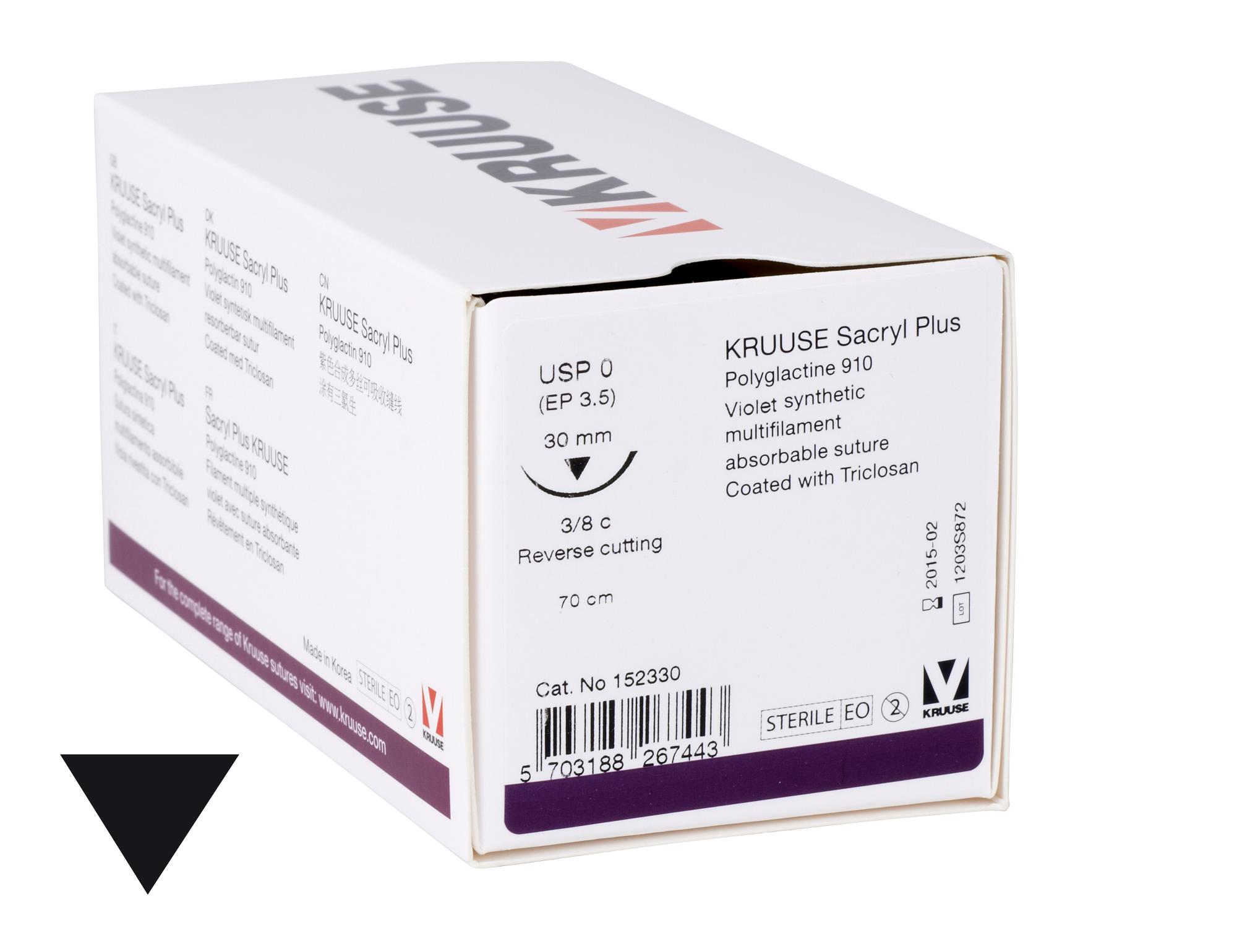 KRUUSE Sacryl Plus Suture, USP 0, 70 cm, 30 mm needle: reverse cutting, 3/8 circle, 18/pk