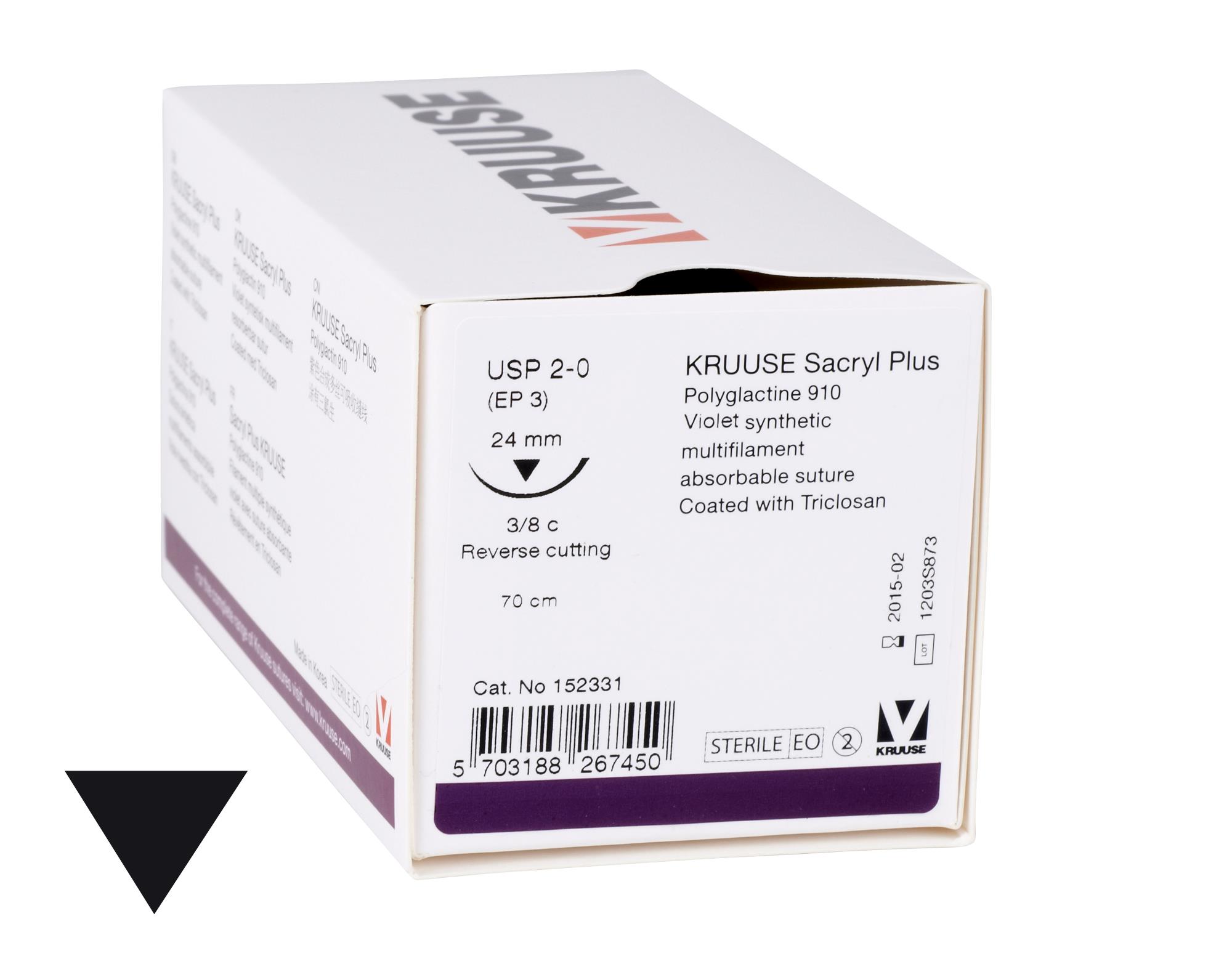 KRUUSE Sacryl Plus suture, USP 2-0, 70 cm, needle: 24 mm, reverse cutting, 3/8 circle. 18/pk