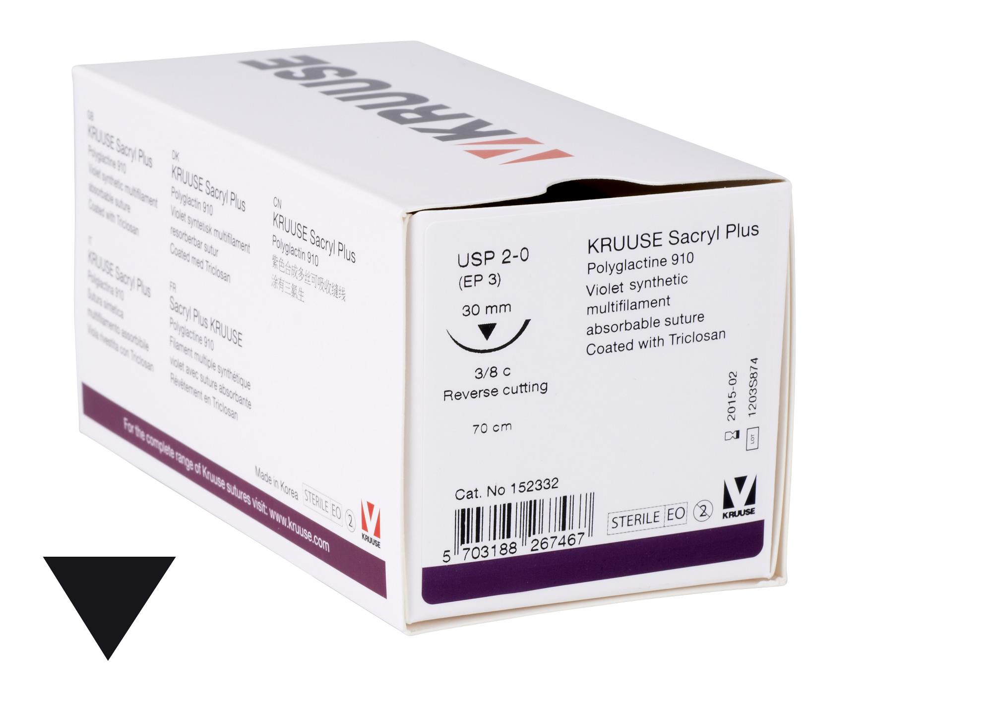 KRUUSE Sacryl Plus suture, USP 2-0, 70 cm, needle: 30 mm, reverse cutting, 3/8 circle. 18/pk