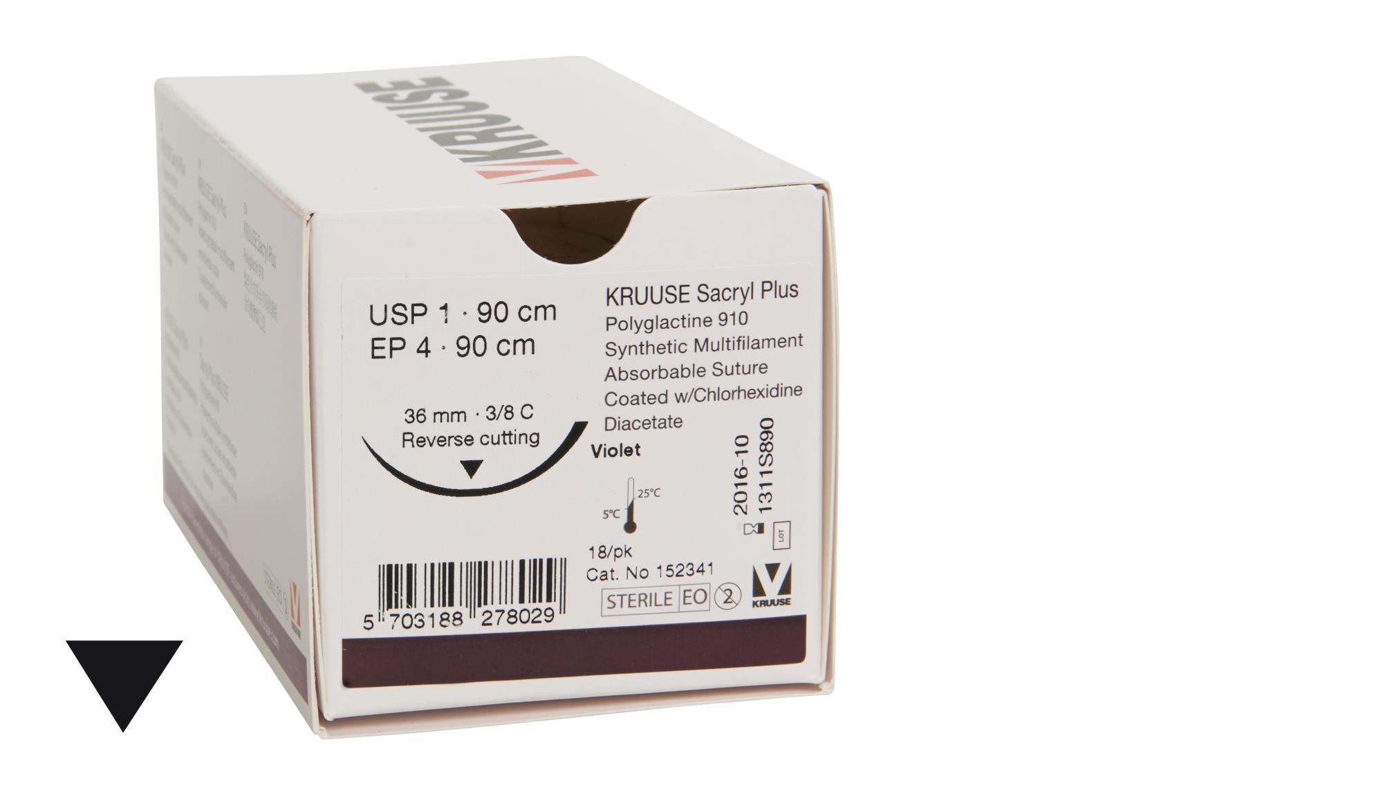 KRUUSE Sacryl Plus suture, USP 1, 90 cm, 36 mm, 3/8C, RC, 18/pk