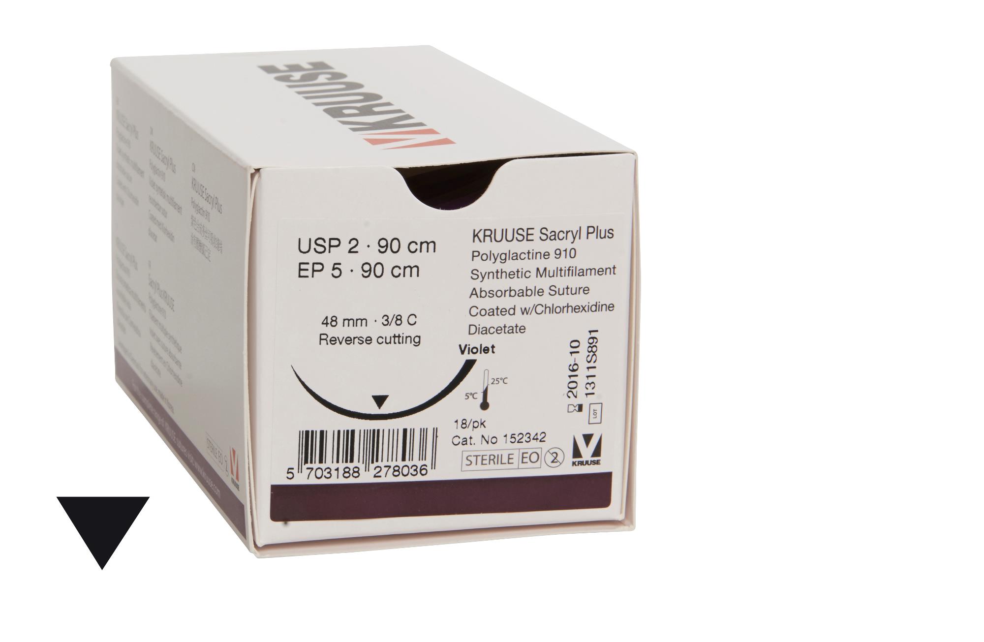 KRUUSE Sacryl Plus Suture, USP 2, 90 cm, 48 mm, 3/8C, RC, 18/pk