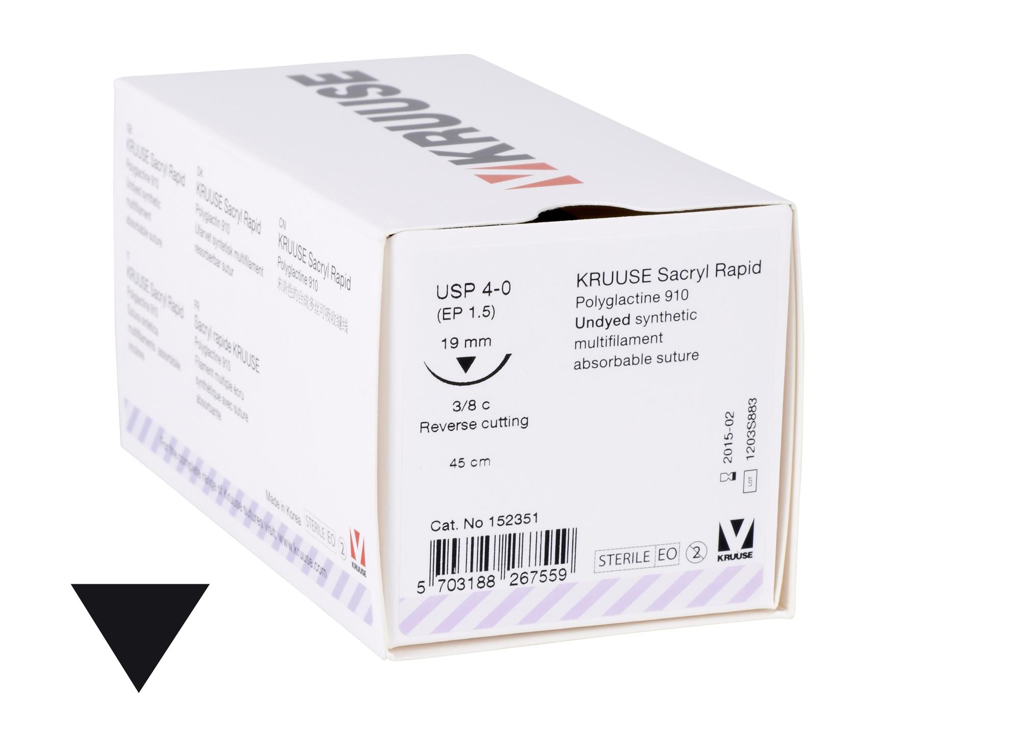 KRUUSE Sacryl Rapid Suture, USP 4-0, 45 cm, needle: 19 mm, reverse cutting, 3/8 circle, 18/pk