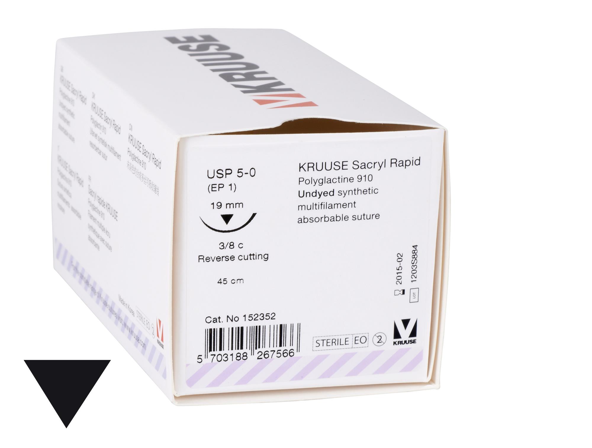 KRUUSE Sacryl Rapid suture, USP 5-0, 45 cm, needle: 19 mm, reverse cutting, 3/8 circle. 18/pk