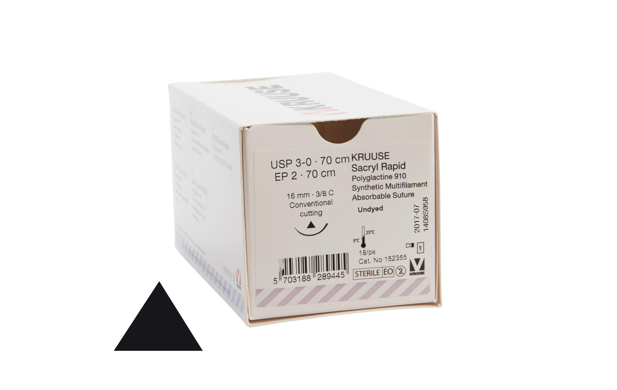 KRUUSE Sacryl Rapid Suture, USP 3-0, 70 cm, undyed, 16 mm, 3/8 C, CC, 18/pk