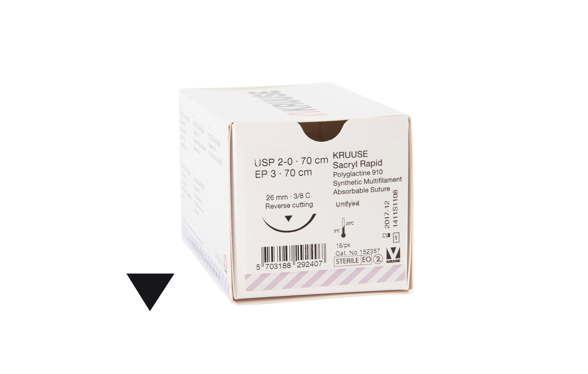 KRUUSE Sacryl Rapid Suture, USP 2-0, 70 cm, undyed, 26 mm needle, 3/8 C, RC, 18/pk