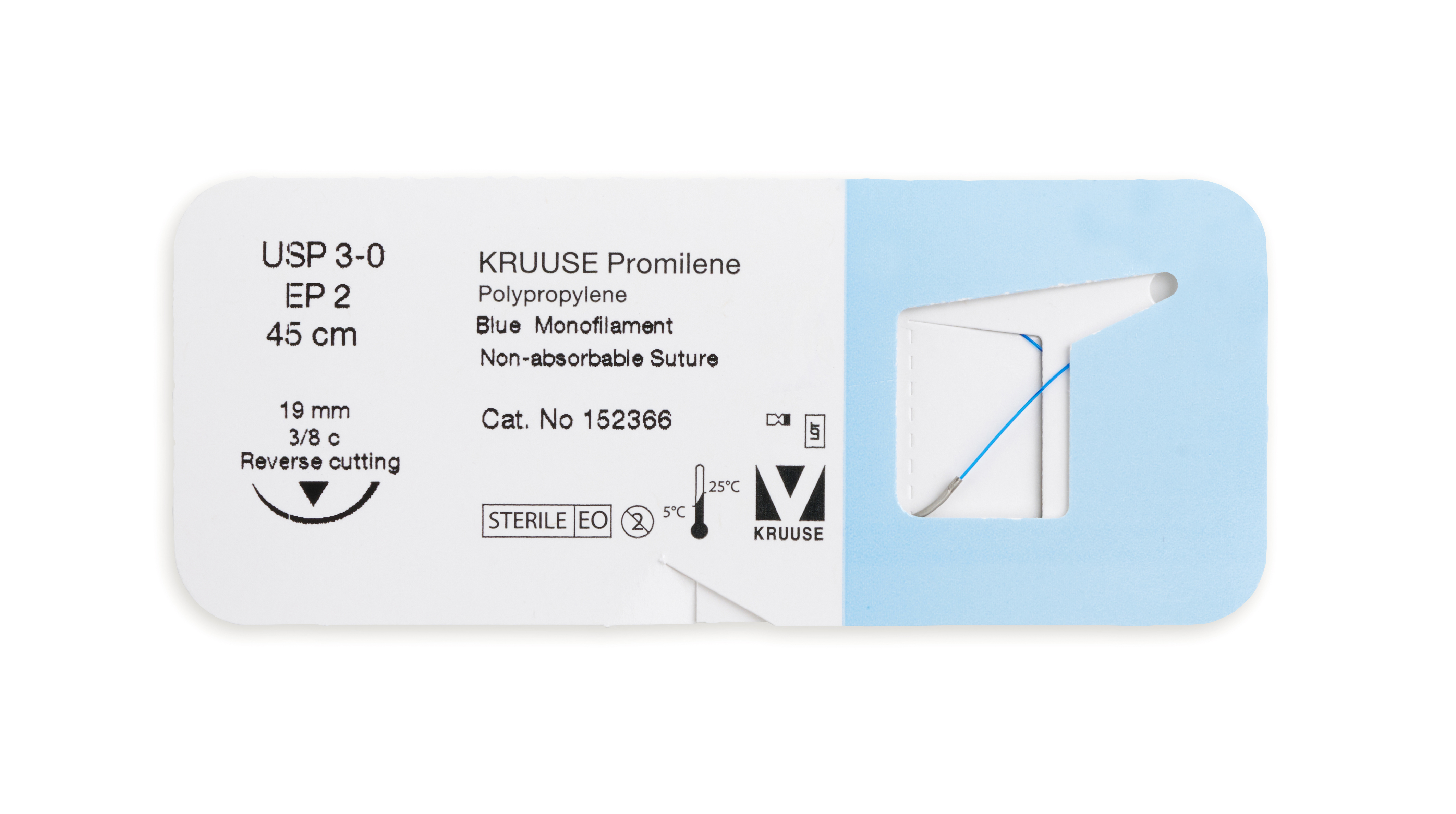 KRUUSE Promilene suture, USP 3-0, 45 cm, needle: 19 mm, reverse cutting, 3/8 circle. 18/pk