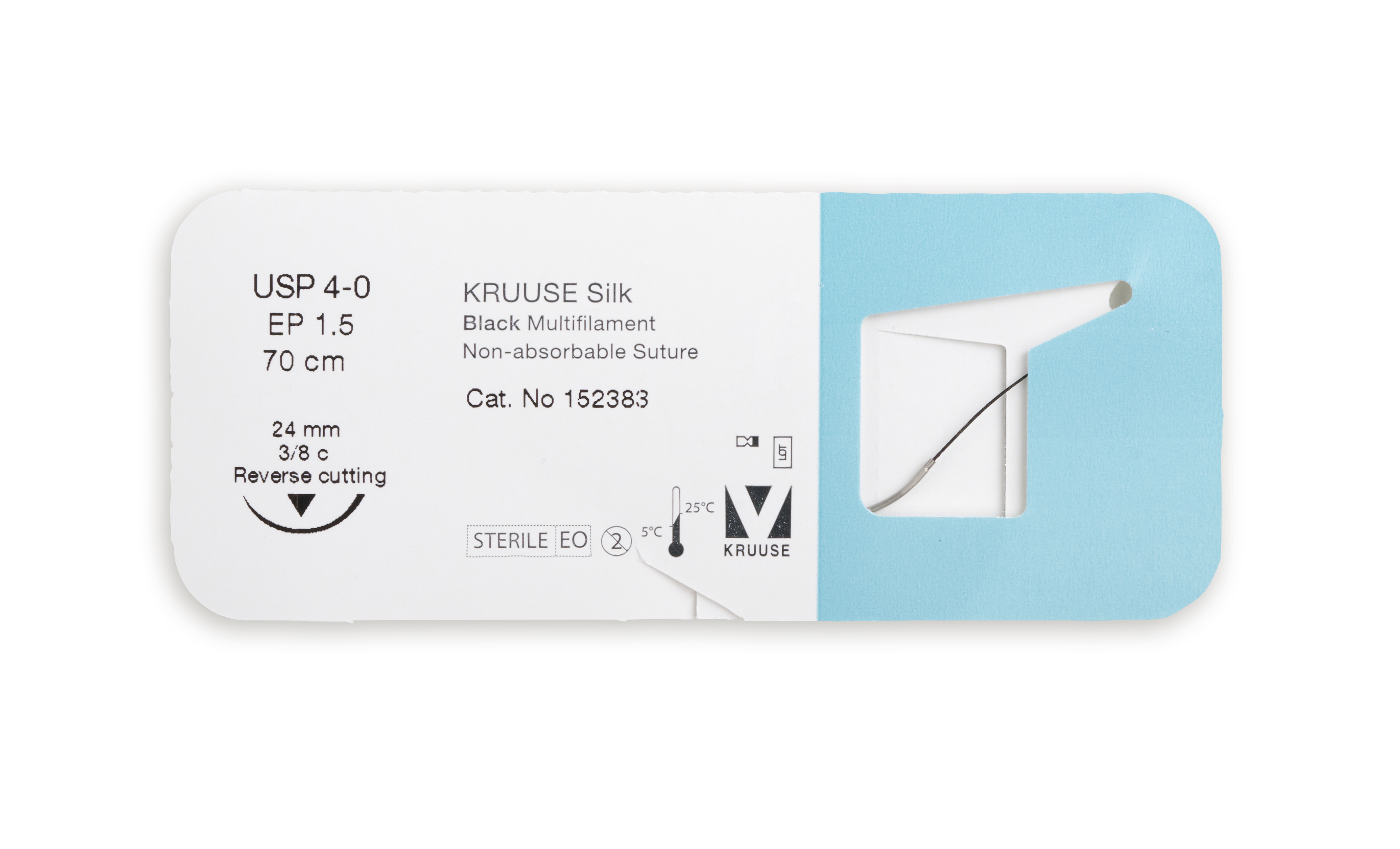 KRUUSE Silk suture, USP 4-0, 70 cm, needle: 24 mm, reverse cutting, 3/8 circle. 18/pk