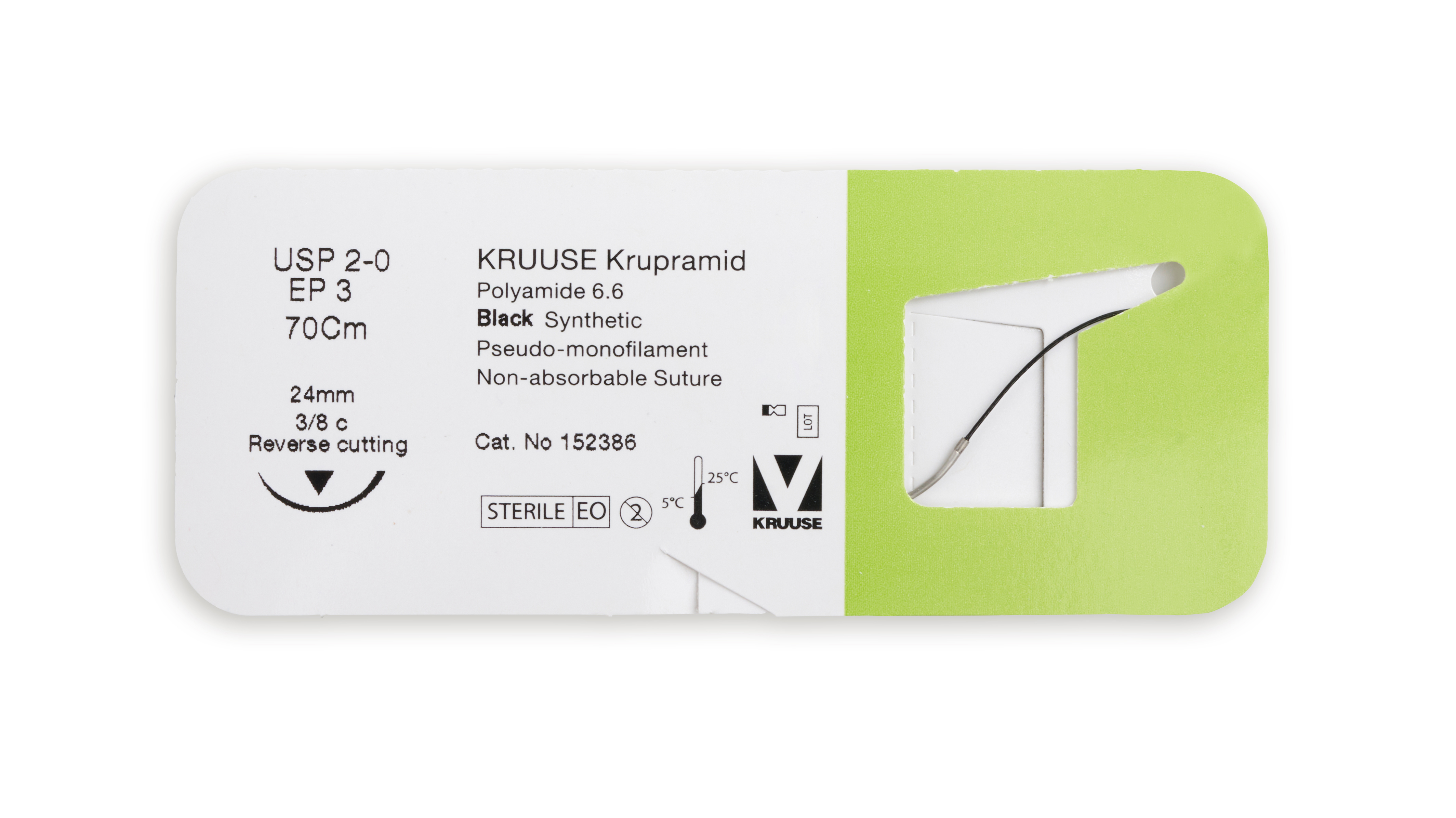 KRUUSE Krupramid Suture, USP 2-0, 70 cm, black, 24 mm needle, 3/8 C, RC, 18/pk