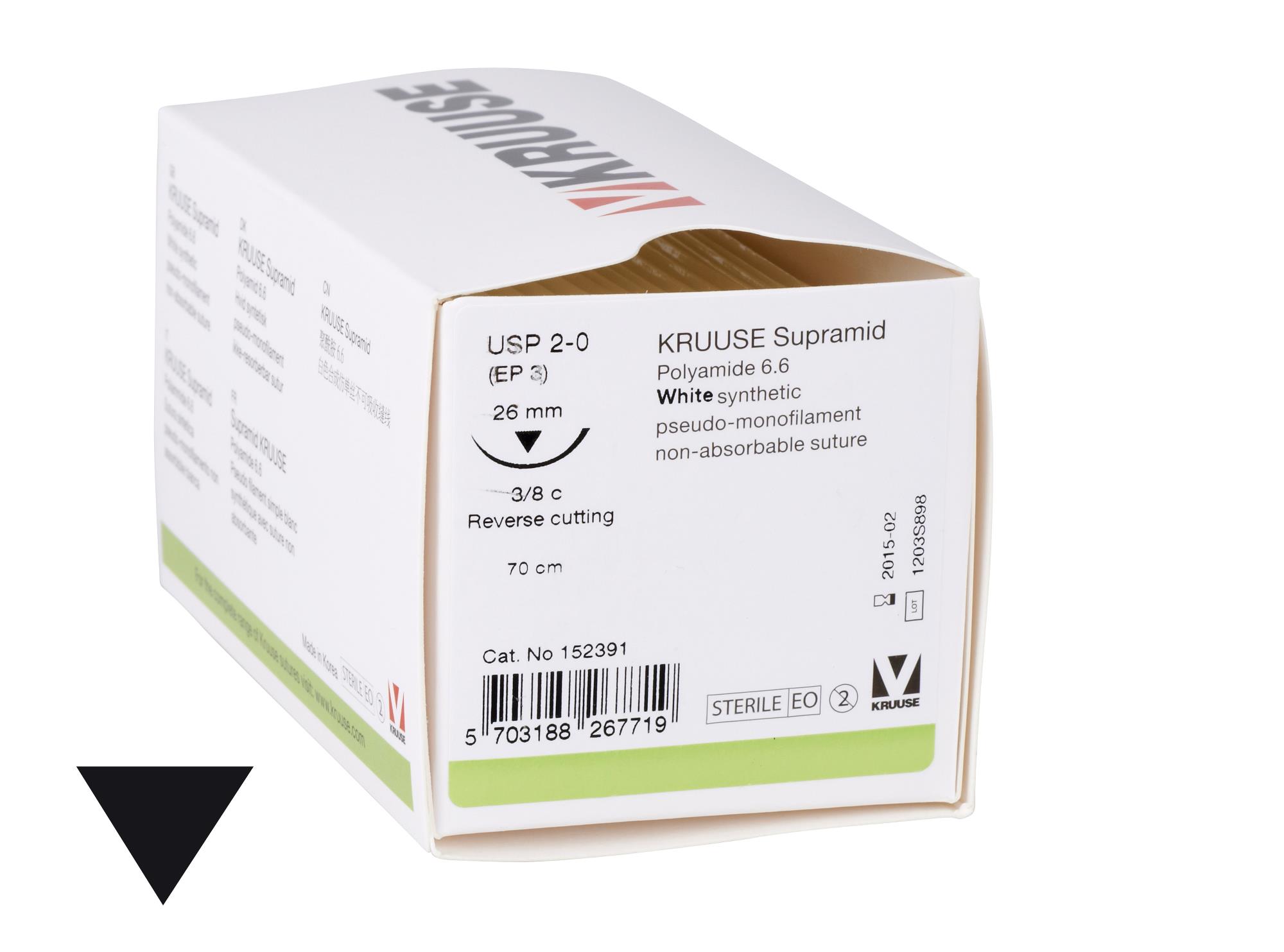 KRUUSE Krupramid suture, USP 2-0, 70 cm, needle: 26 mm, reverse cutting, 3/8 circle. 18/pk