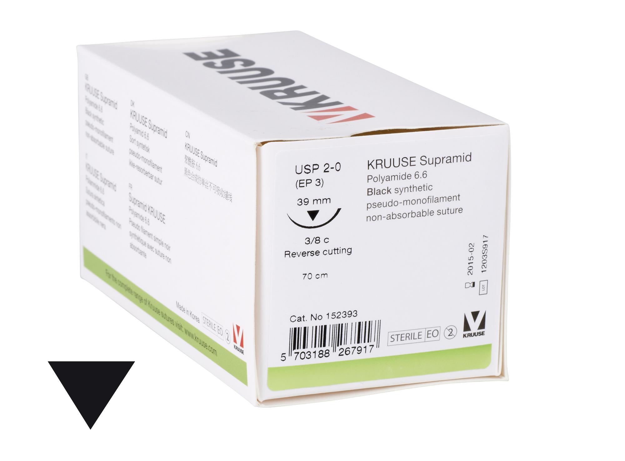 KRUUSE Krupramid Suture, USP 2-0, 70 cm, needle: 39 mm, 3/8 circle, reverse cutting, 18/pk