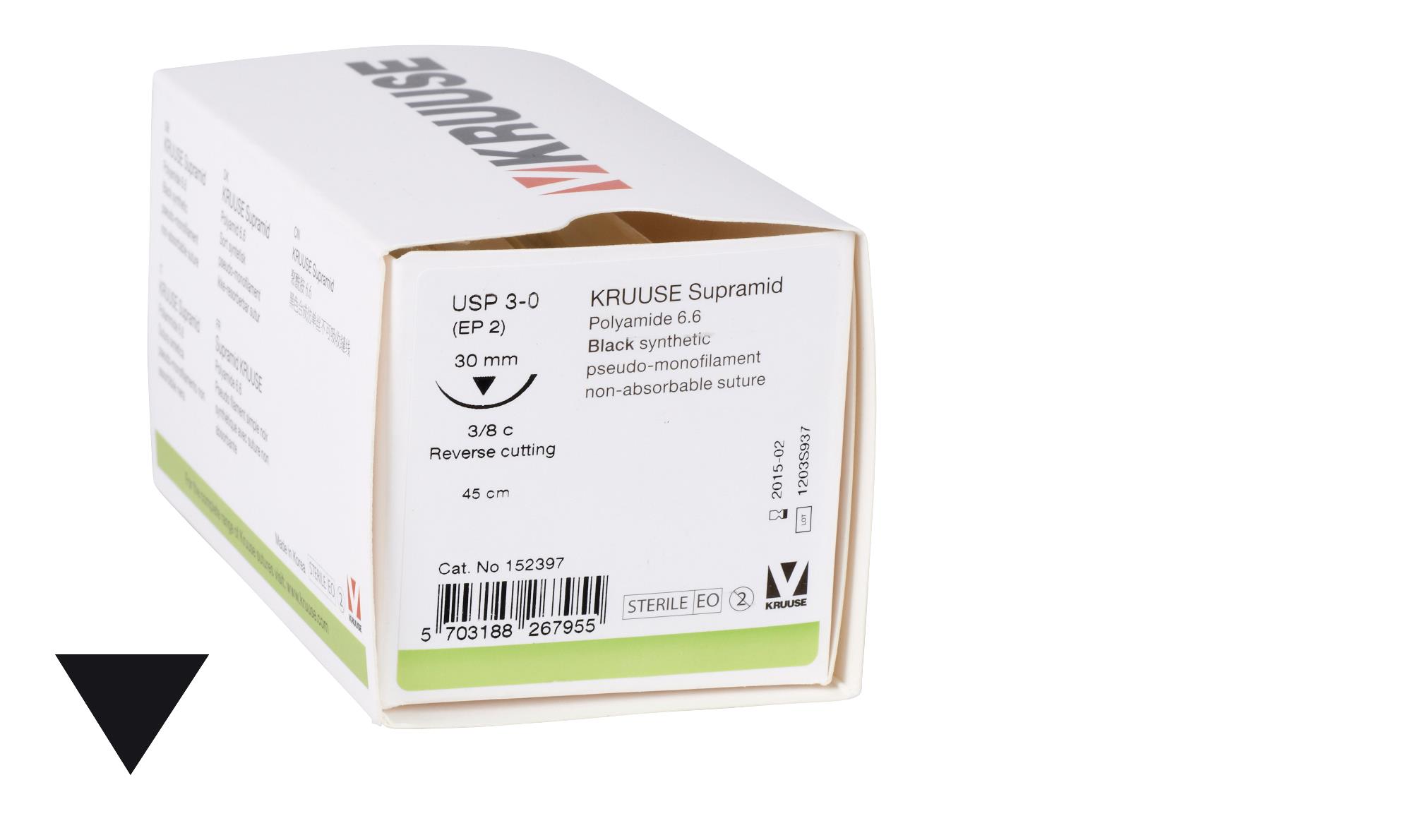 KRUUSE Krupramid Suture, USP 3-0, 45 cm, black, needle: 30 mm, 3/8 circle, reverse cutting, 18/pk