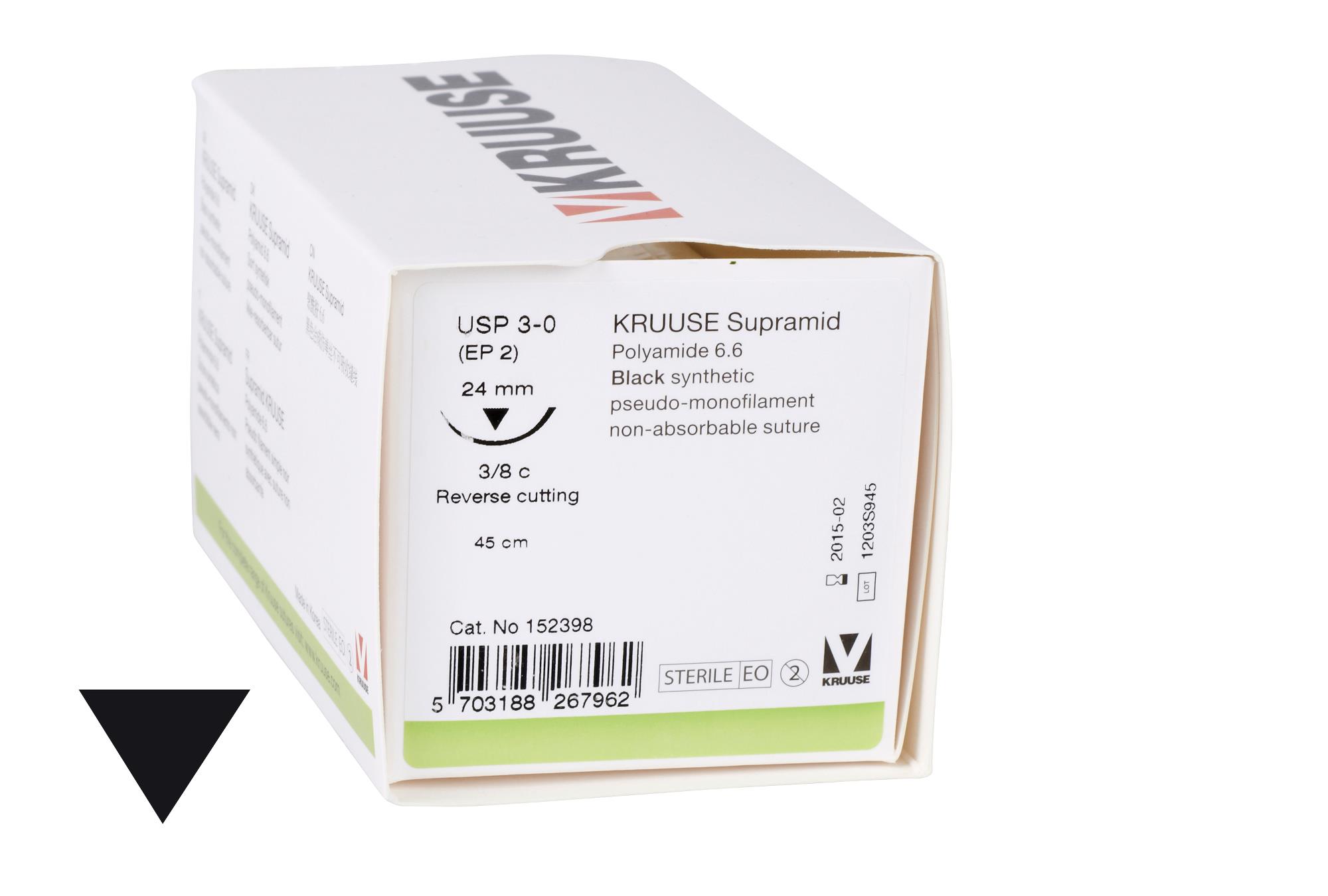 KRUUSE Krupramid Suture, USP 3-0, 45 cm, black, needle: 24 mm, 3/8 circle, reverse cutting, 18/pk