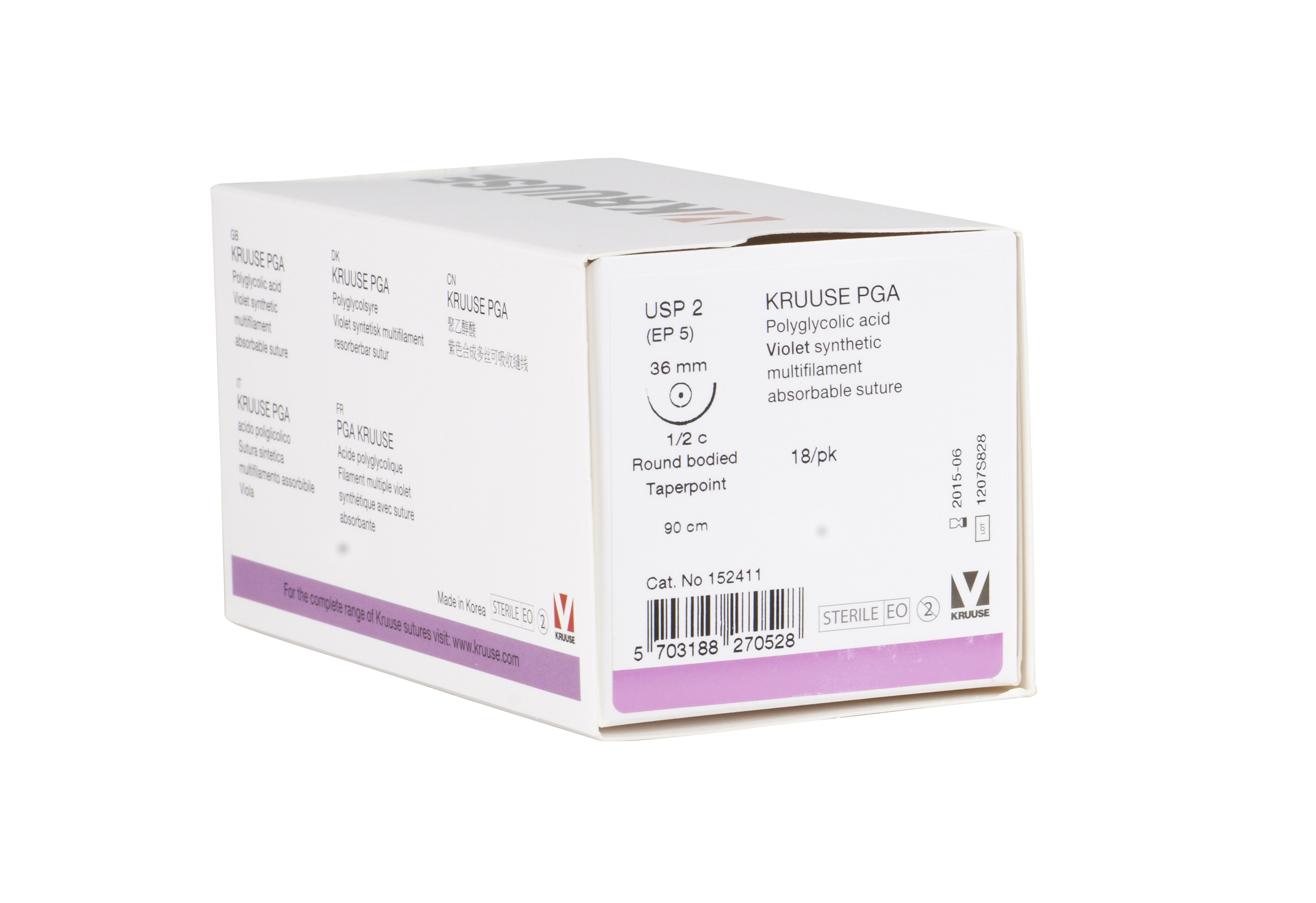 KRUUSE PGA Suture, USP 2, 90 cm, needle: 36 mm, ½ circle, round-bodied, taper point, 18/pk