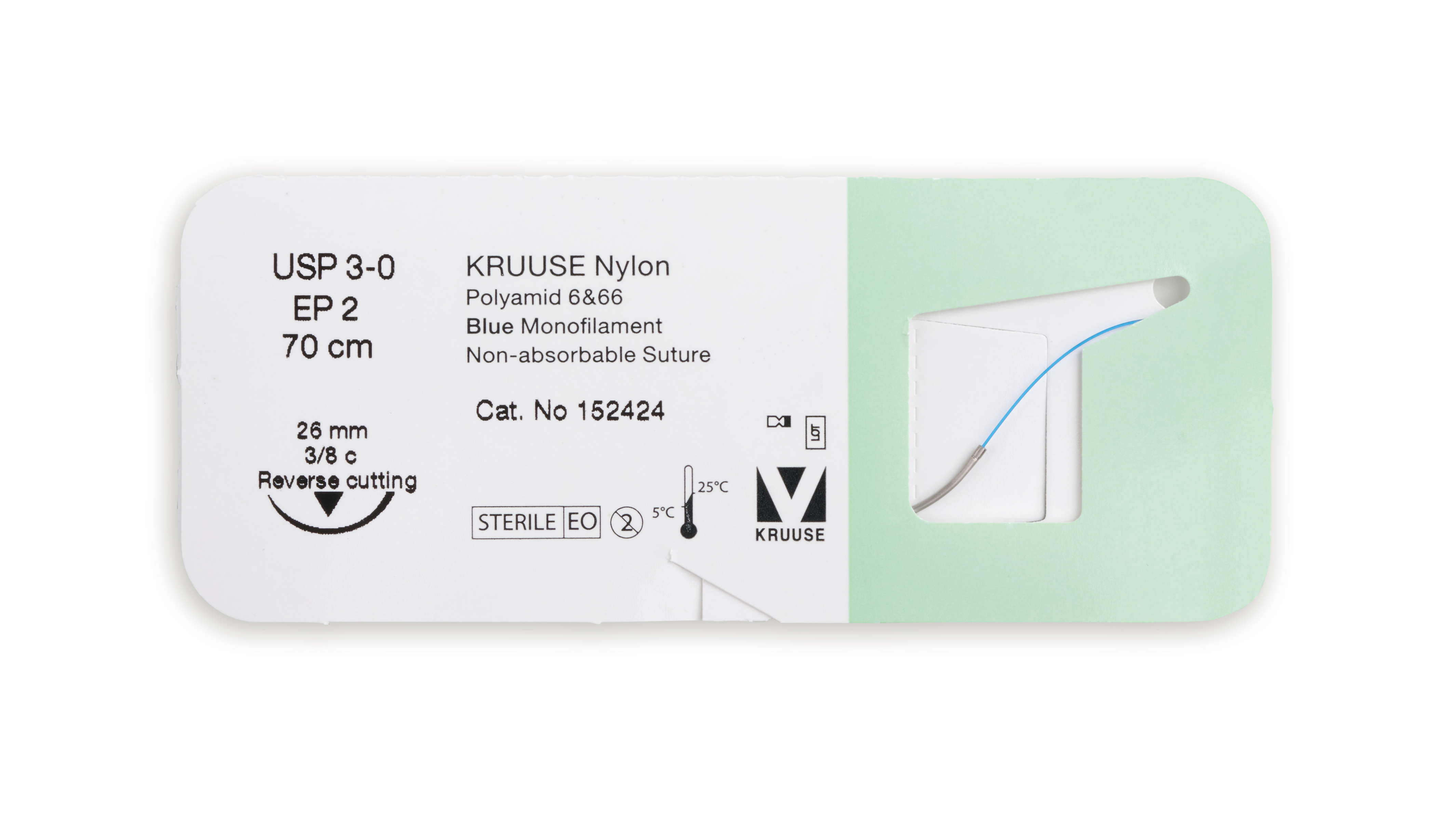 KRUUSE Nylon suture, USP 3-0, 70 cm, needle: 26 mm, reverse cutting, 3/8 circle. 18/pk