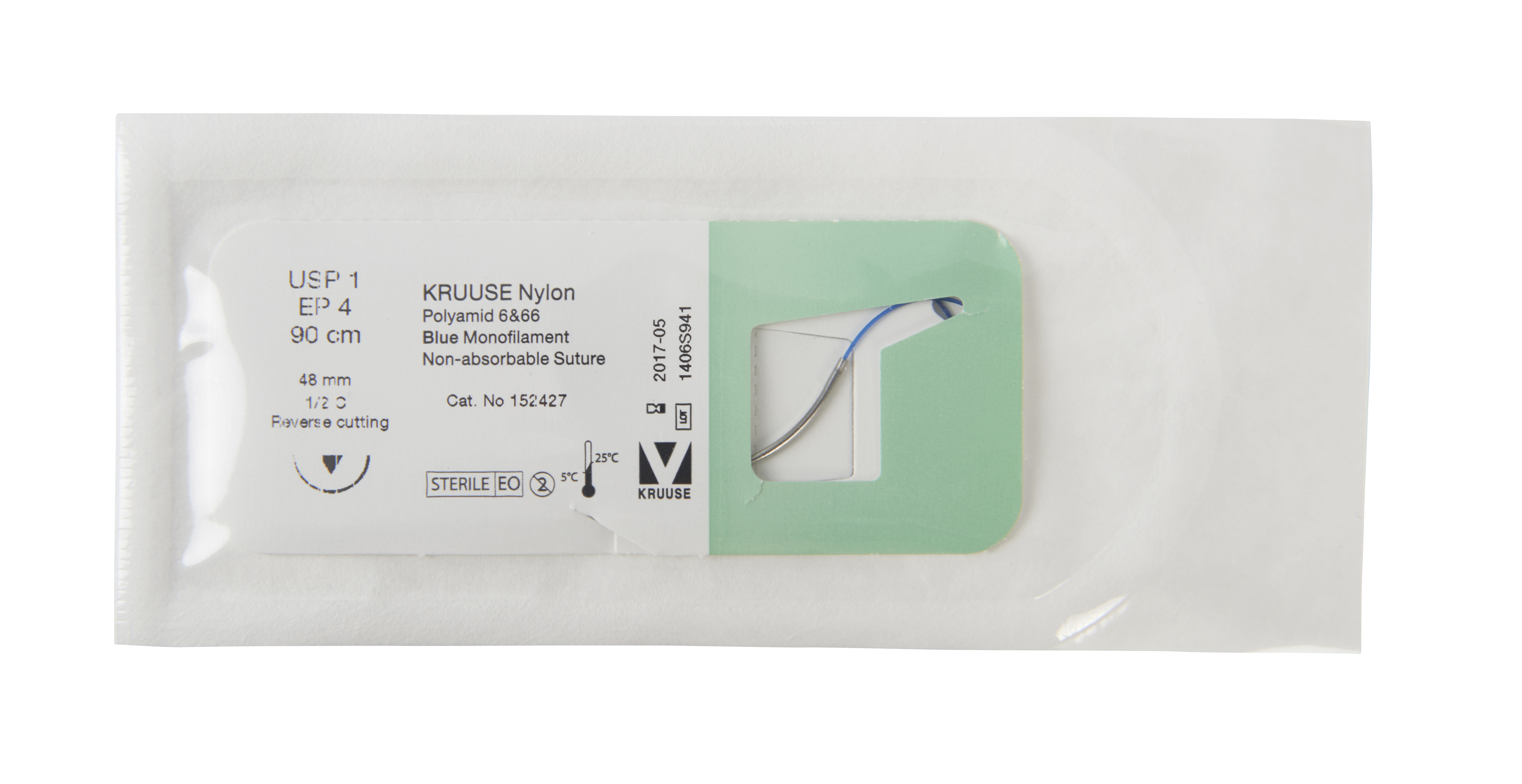 KRUUSE Nylon Suture, USP 1, 90 cm, 48 mm, ½ C, RC needle, 18/pk