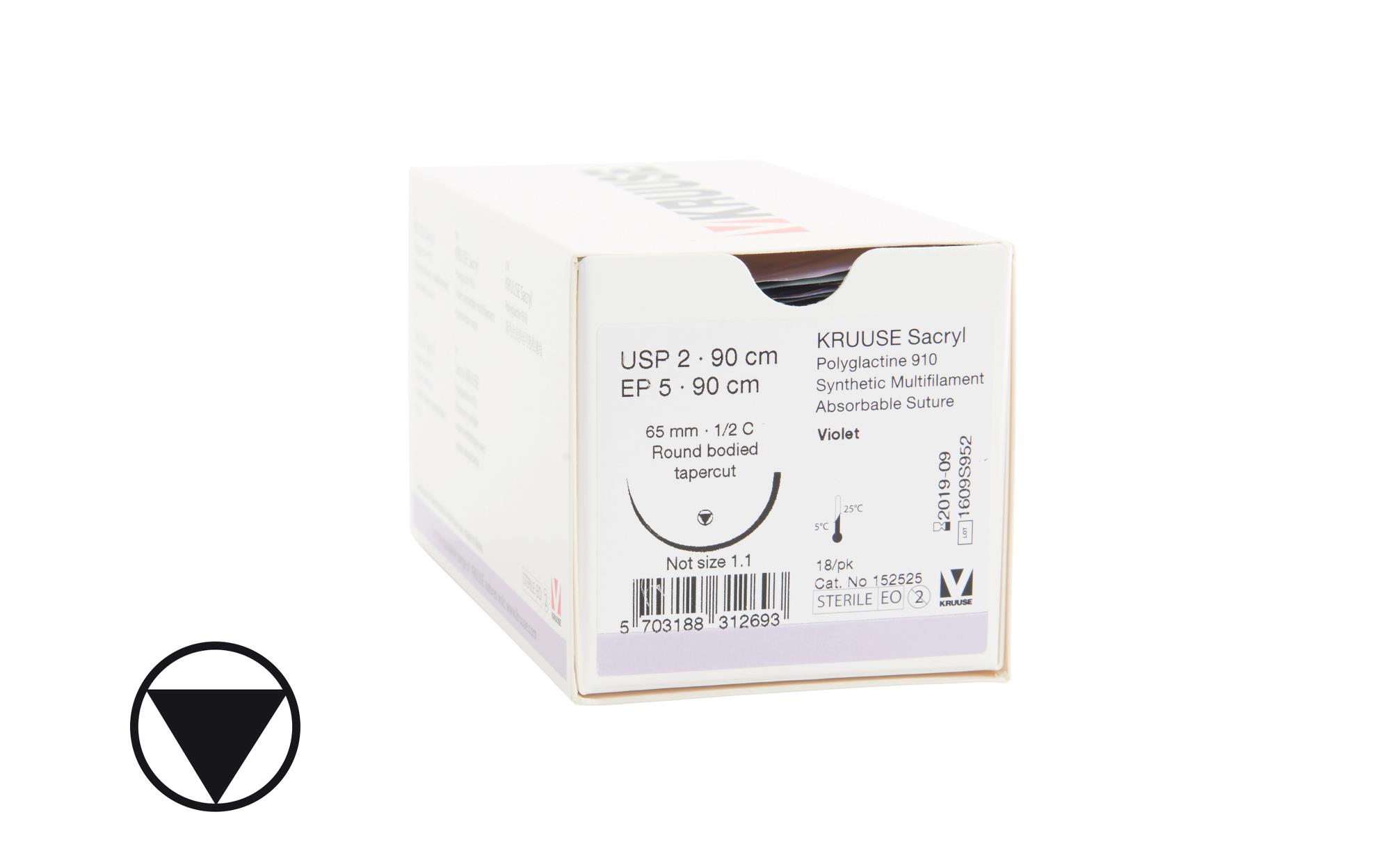 KRUUSE Sacryl Suture, USP 2/EP 5, 90 cm. needle:  65 mm, ½ C, RB, tapercut, 18/pk
