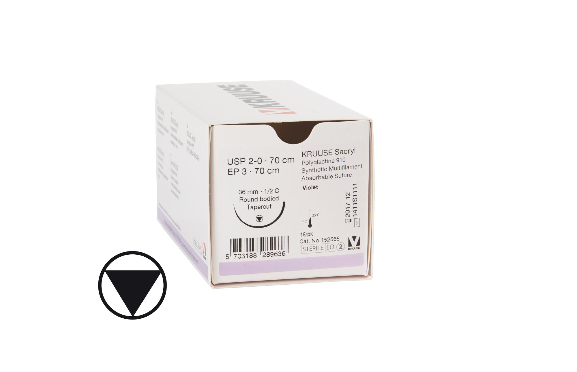 KRUUSE Sacryl sutur, USP 2-0, 70 cm, violet, 36 mm needle, ½C, round bodied tapercut, 18/pk