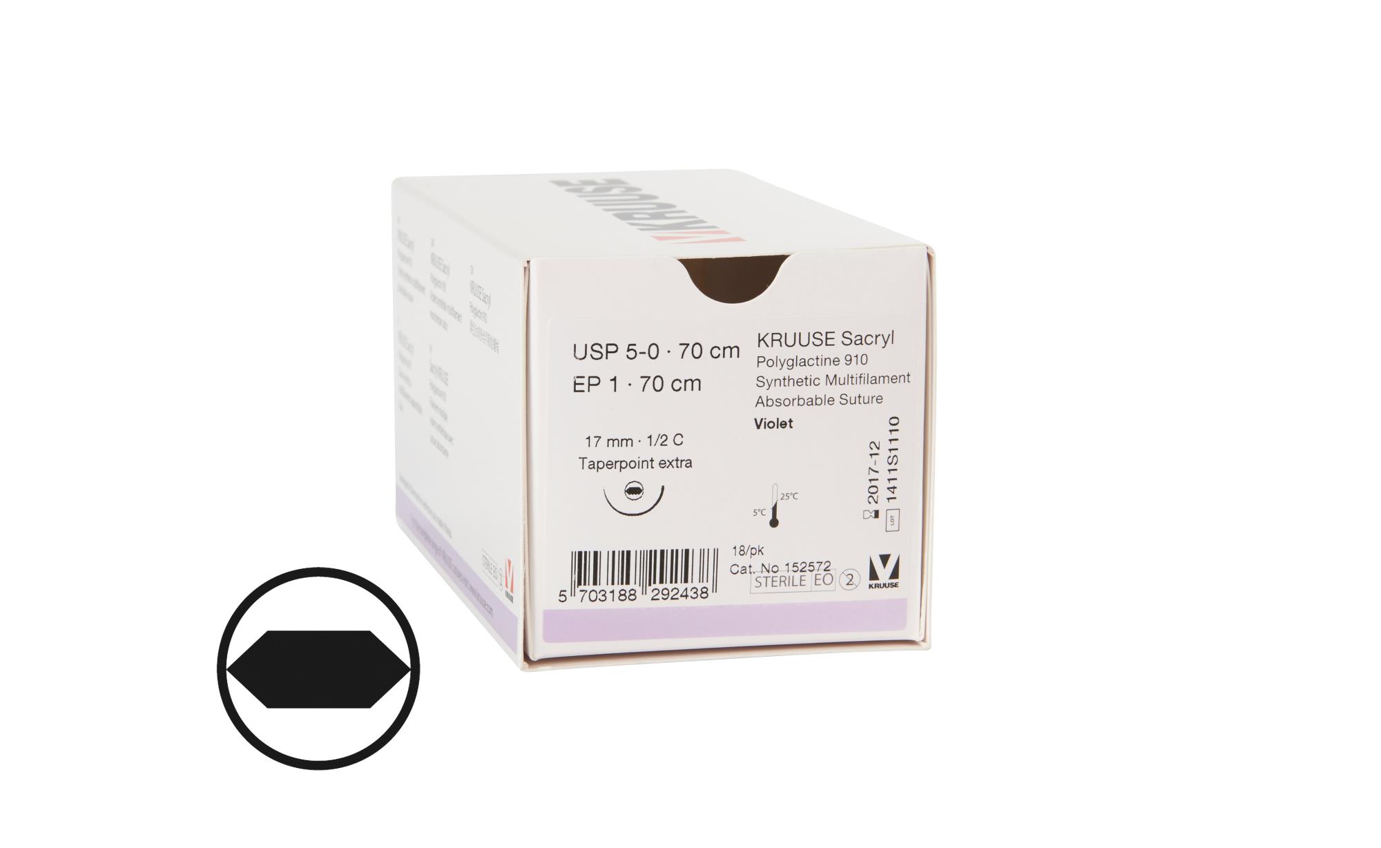 KRUUSE Sacryl Suture, USP 5-0, 70 cm violet, 17 mm needle, ½ C, round bodied taperpoint extra, 18/pk