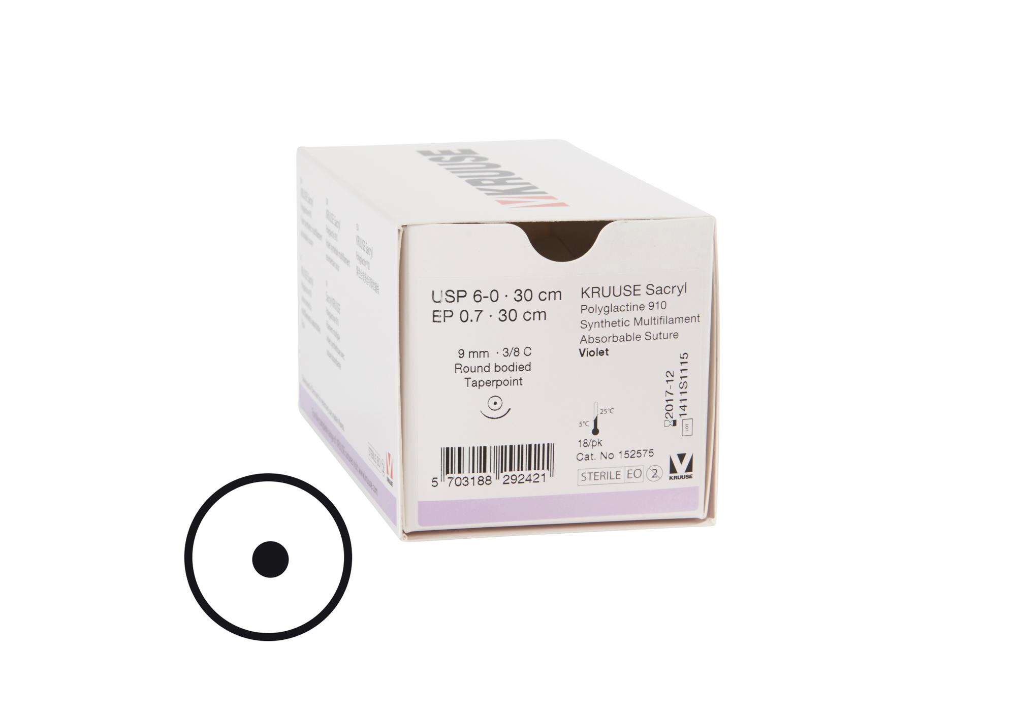 KRUUSE Sacryl suture, USP 6-0, 30 cm, violet, 9 mm needle, 3/8C, round bodied taperpoint, 18/pk