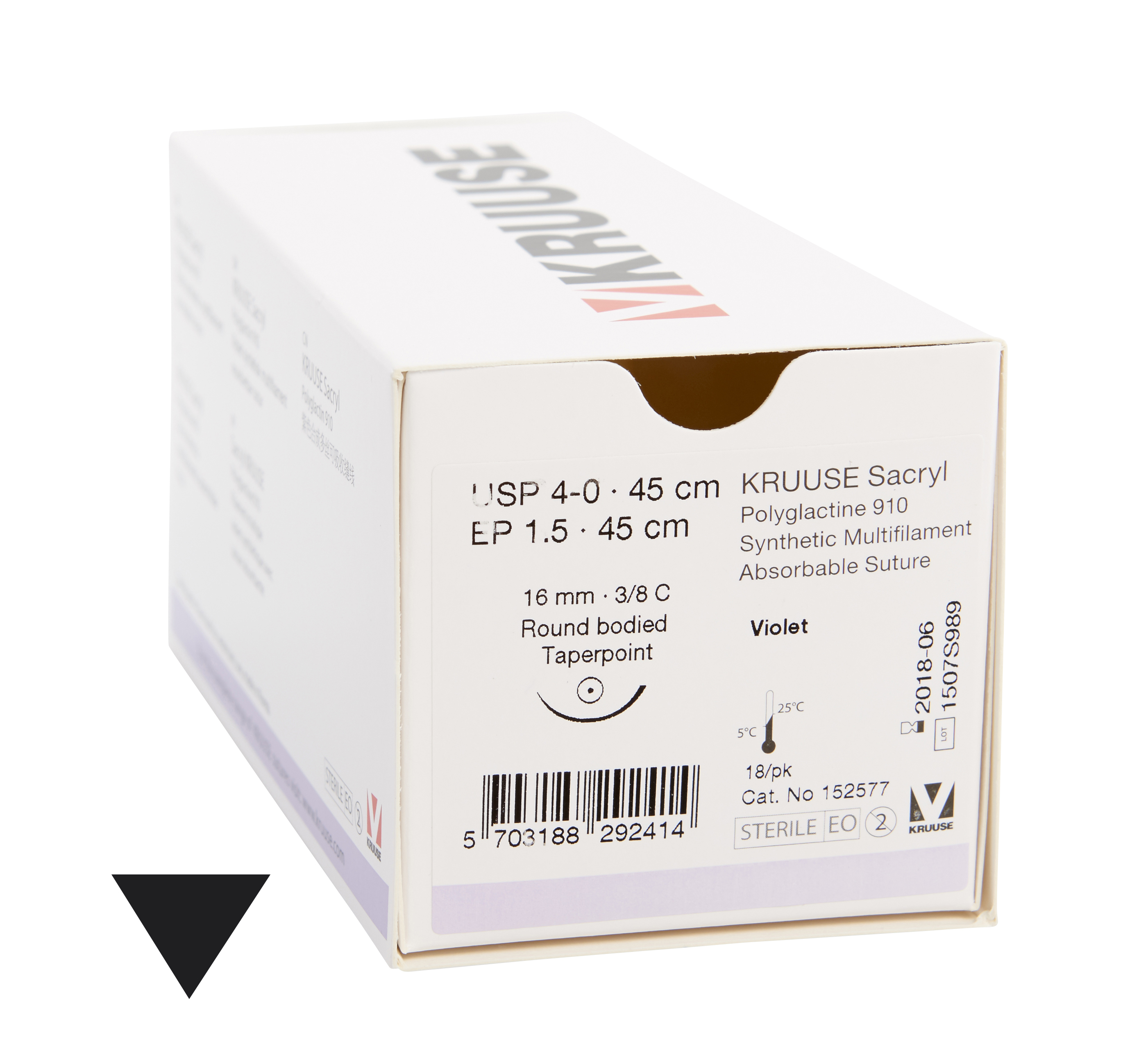 KRUUSE Sacryl suture, USP 4-0, 45 cm, violet, 16 mm needle, 3/8C, taperpoint, 18/pk
