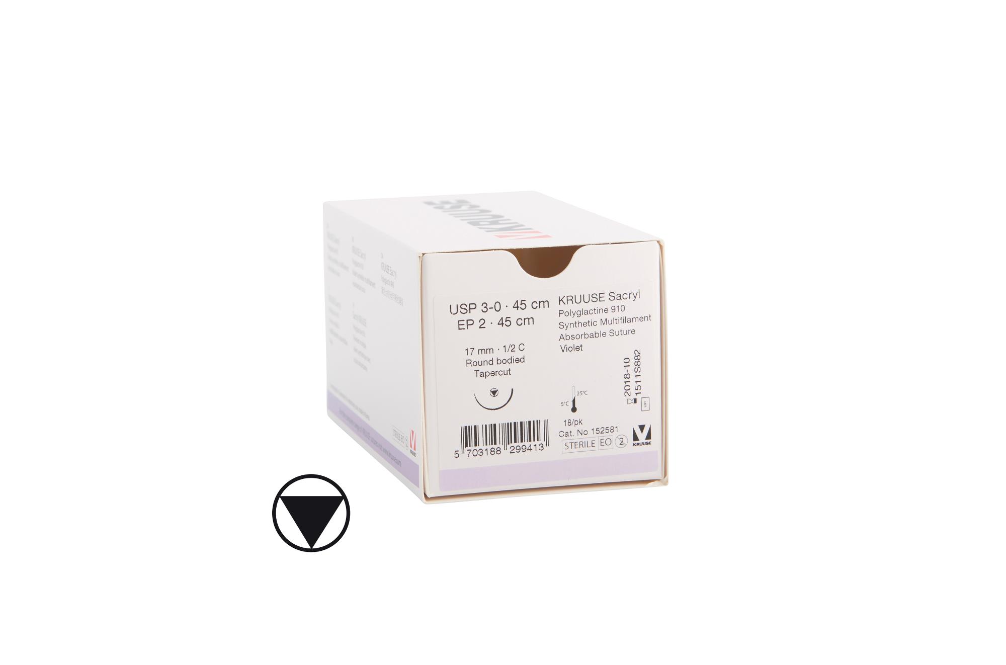KRUUSE Sacryl Suture, USP 3-0, 45 cm, violet, 17 mm needle, ½ C, RB, tapercut, 18/pk