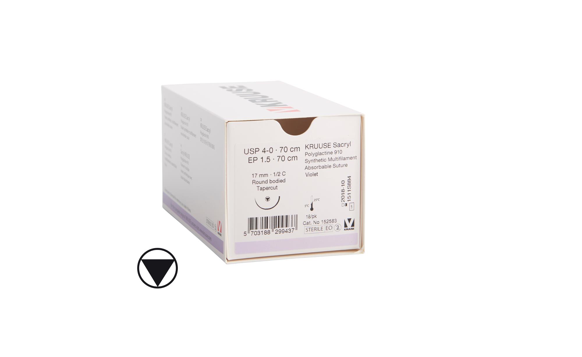 KRUUSE Sacryl Suture, USP 4-0, 70 cm, violet, 17 mm needle, ½ C, RB, tapercut, 18/pk