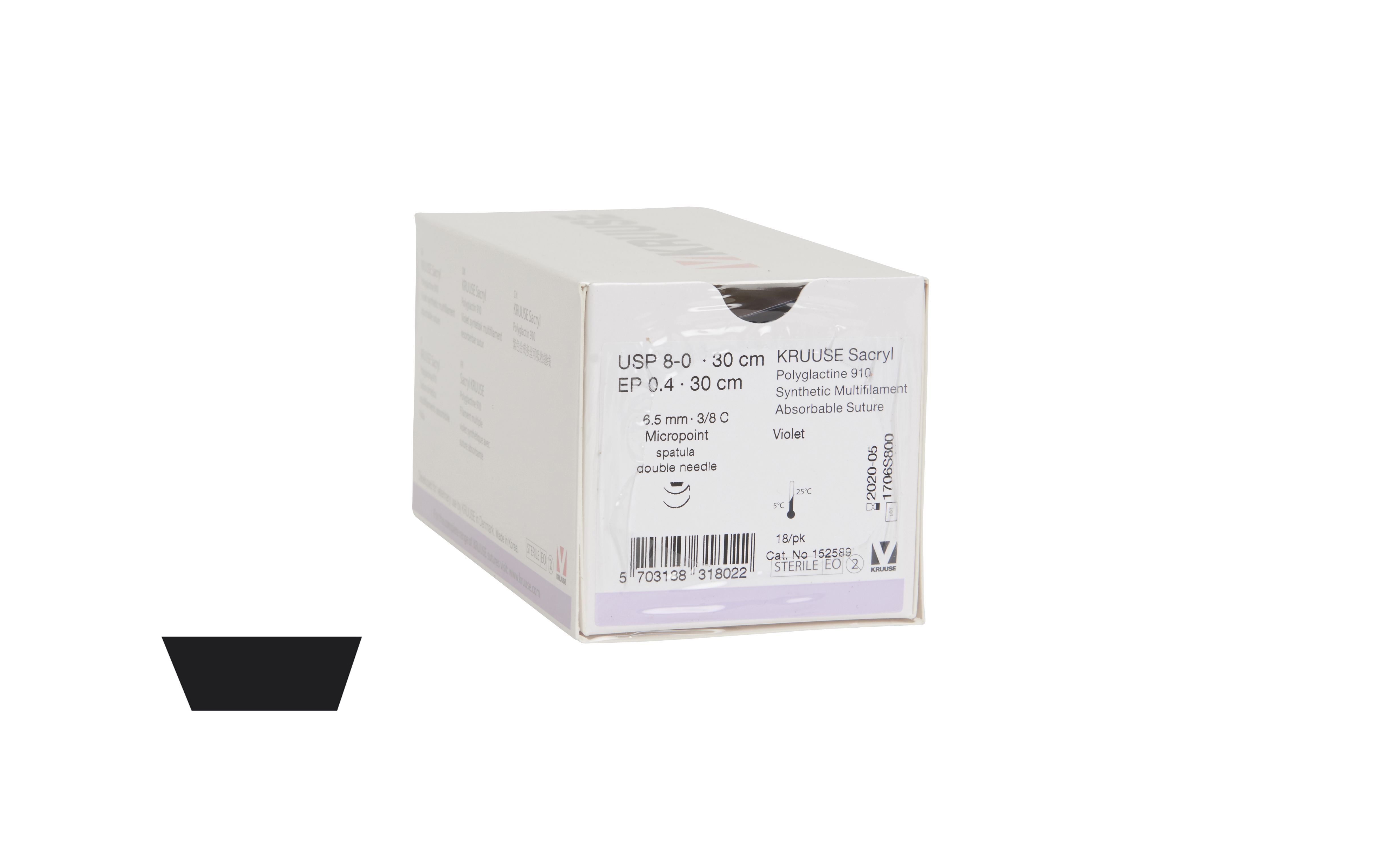 KRUUSE Sacryl suture, USP 8-0/EP 0.4, 30 cm, violet, 6.5 mm, 3/8C, micropoint spatula (double needle), 18/pk