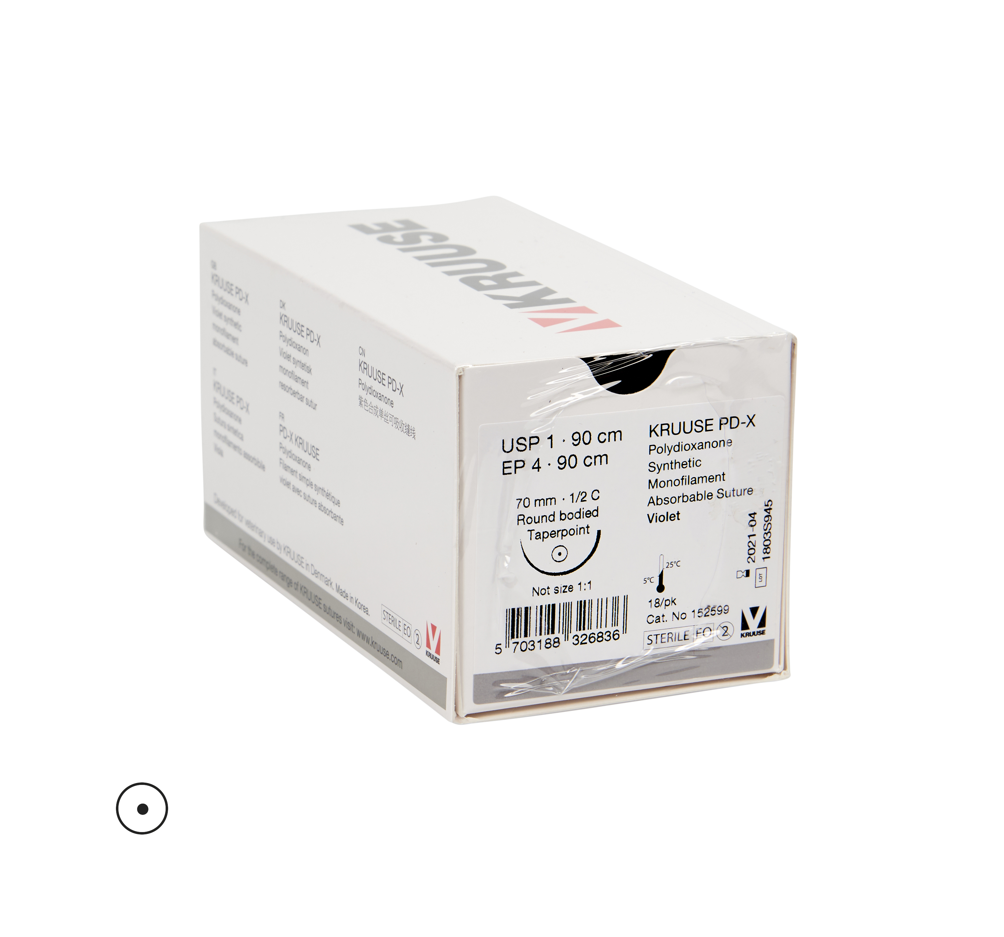 KRUUSE PD-X suture, USP 1/EP 4, 90 cm. Needle: 70 mml, ½ C, RB taperpoint, 18/pk