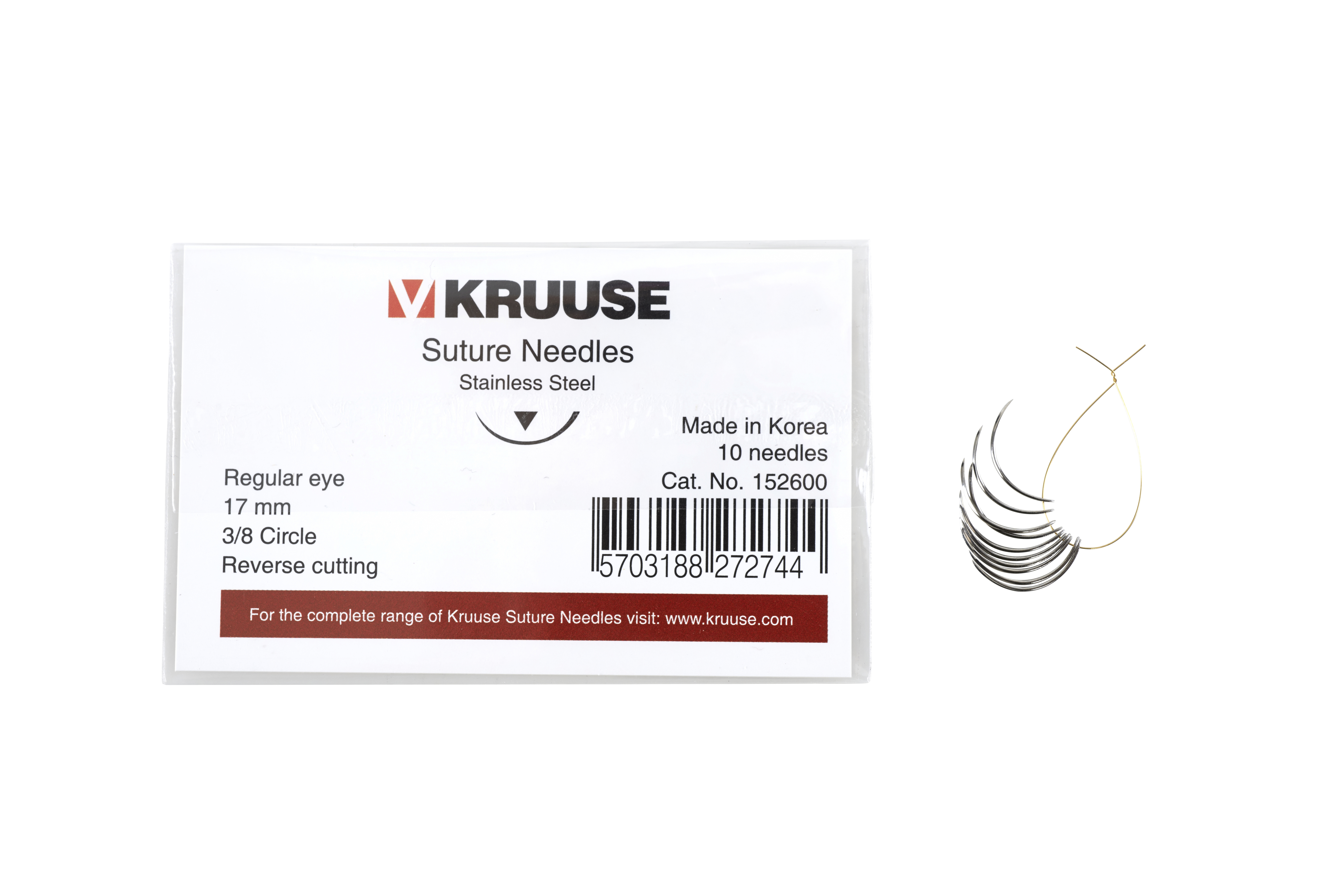 KRUUSE Suture Needle, regular eye, 3/8 circle, reverse cutting, 17 mm, 10/pk