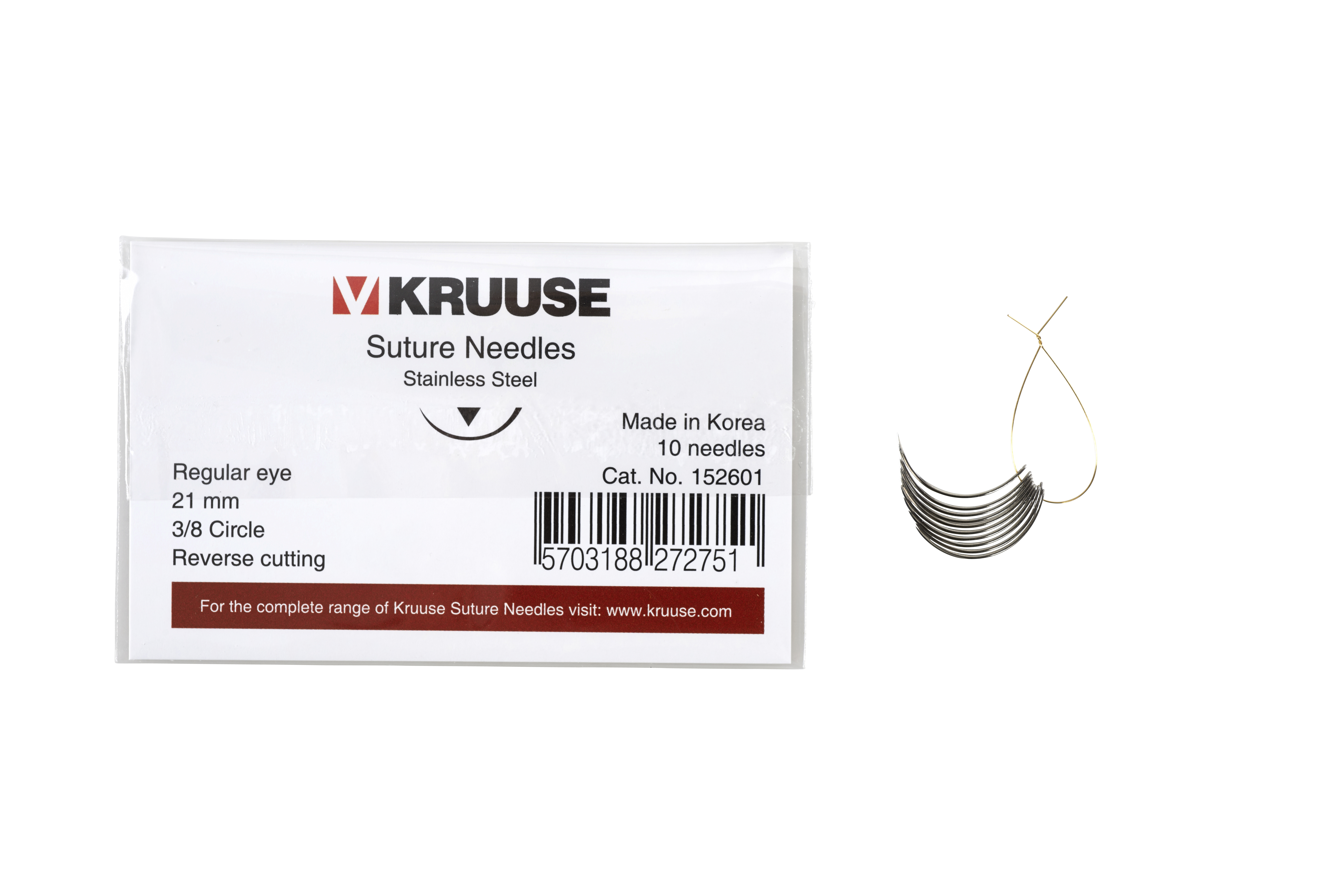 KRUUSE Suture Needle, regular eye, 3/8 circle, reverse cutting, 21 mm, 10/pk
