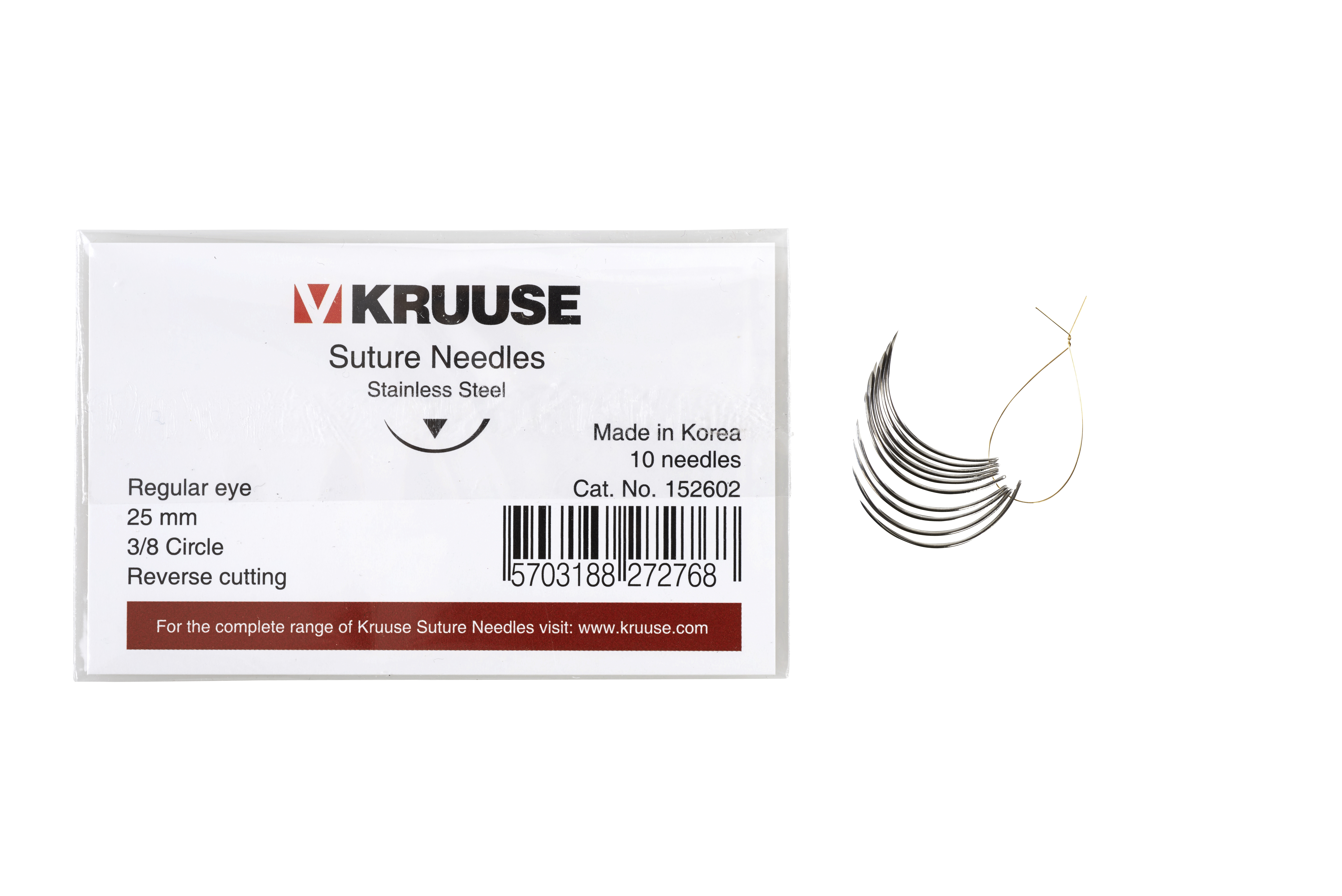KRUUSE Suture Needle, regular eye, 3/8 circle, reverse cutting, 25 mm, 10/pk
