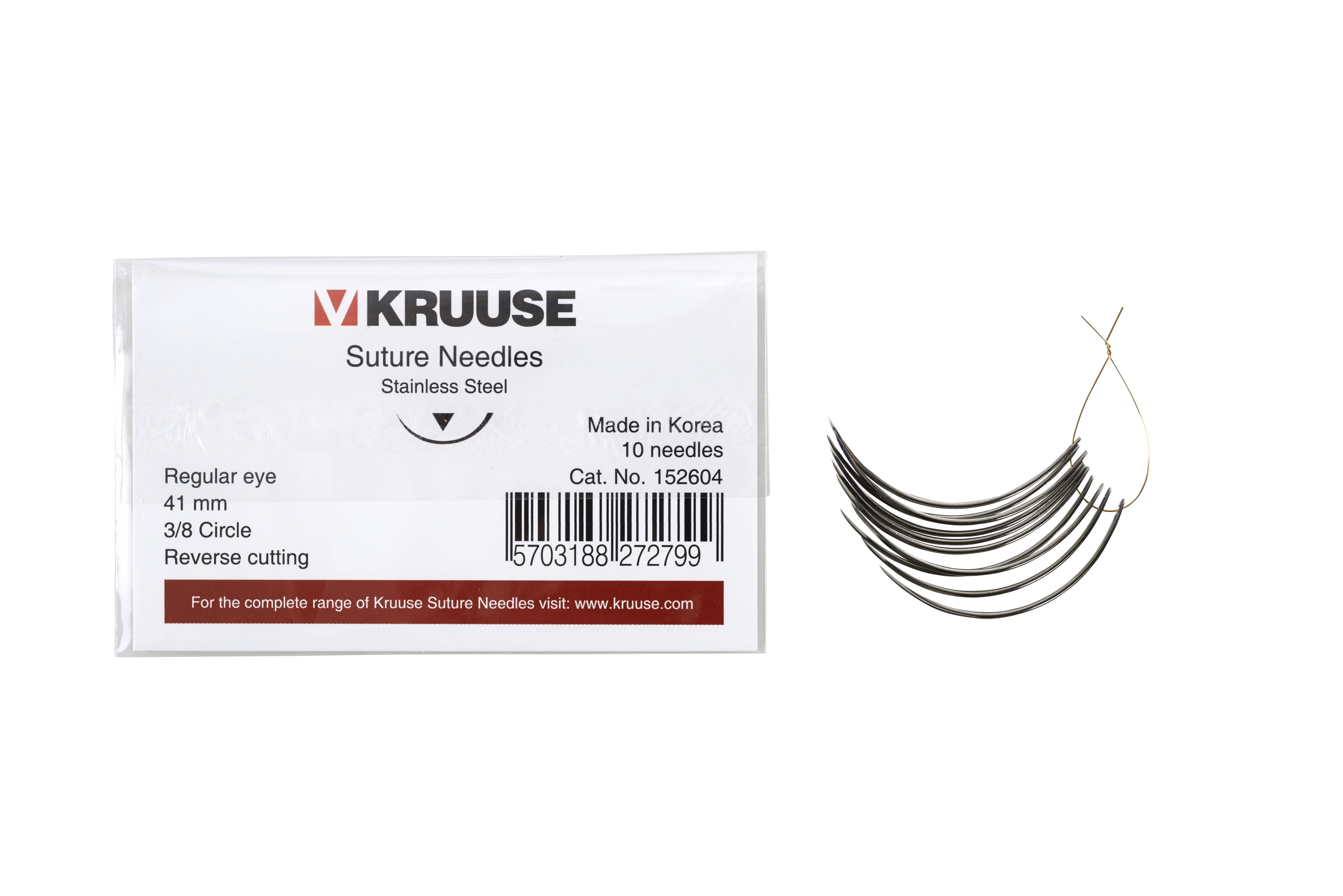 KRUUSE Suture Needle, regular eye, 3/8 circle, reverse cutting, 41 mm, 10/pk