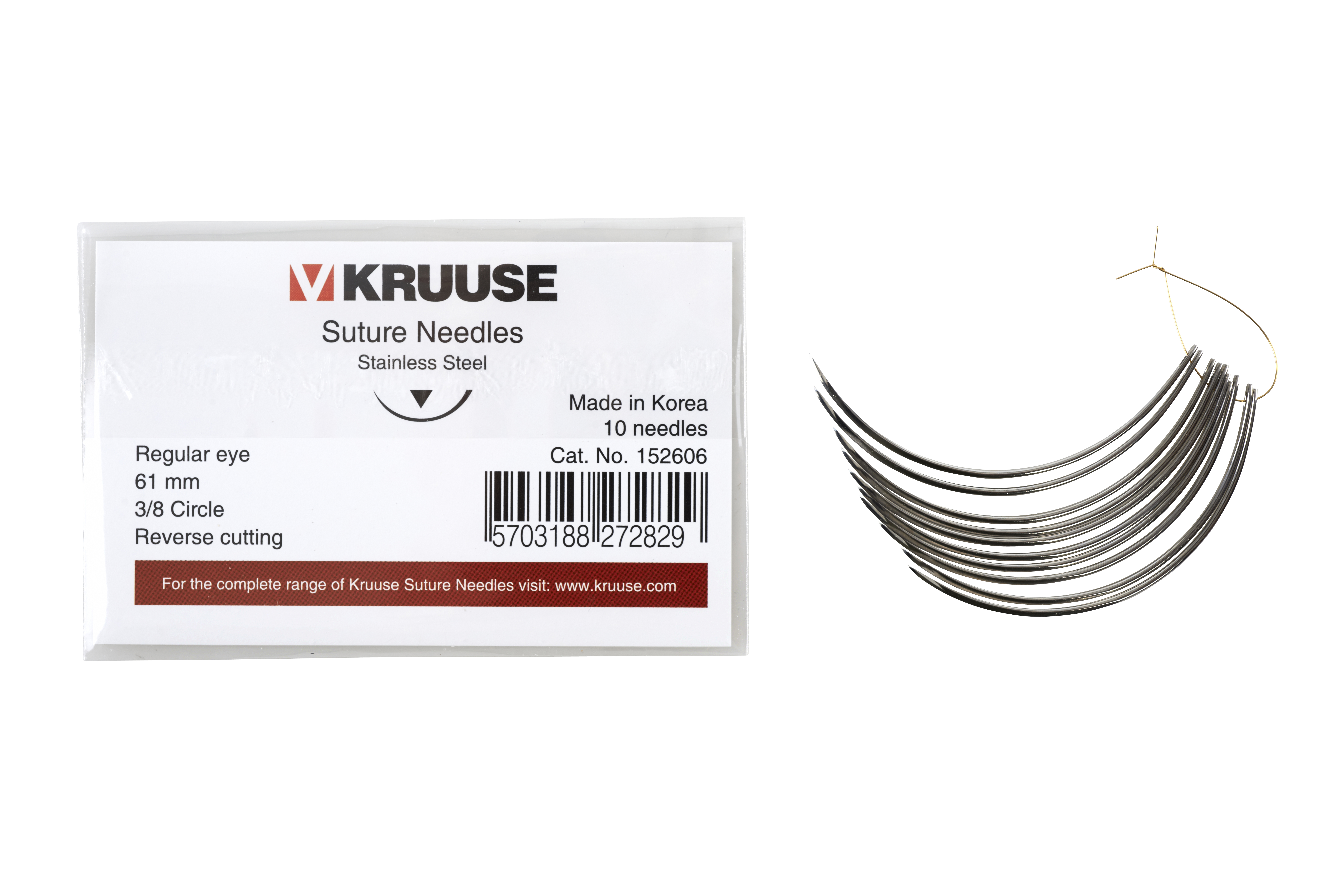 KRUUSE suture needle regular eye, 3/8 circle, reverse cutting, 61 mm, 10/pk