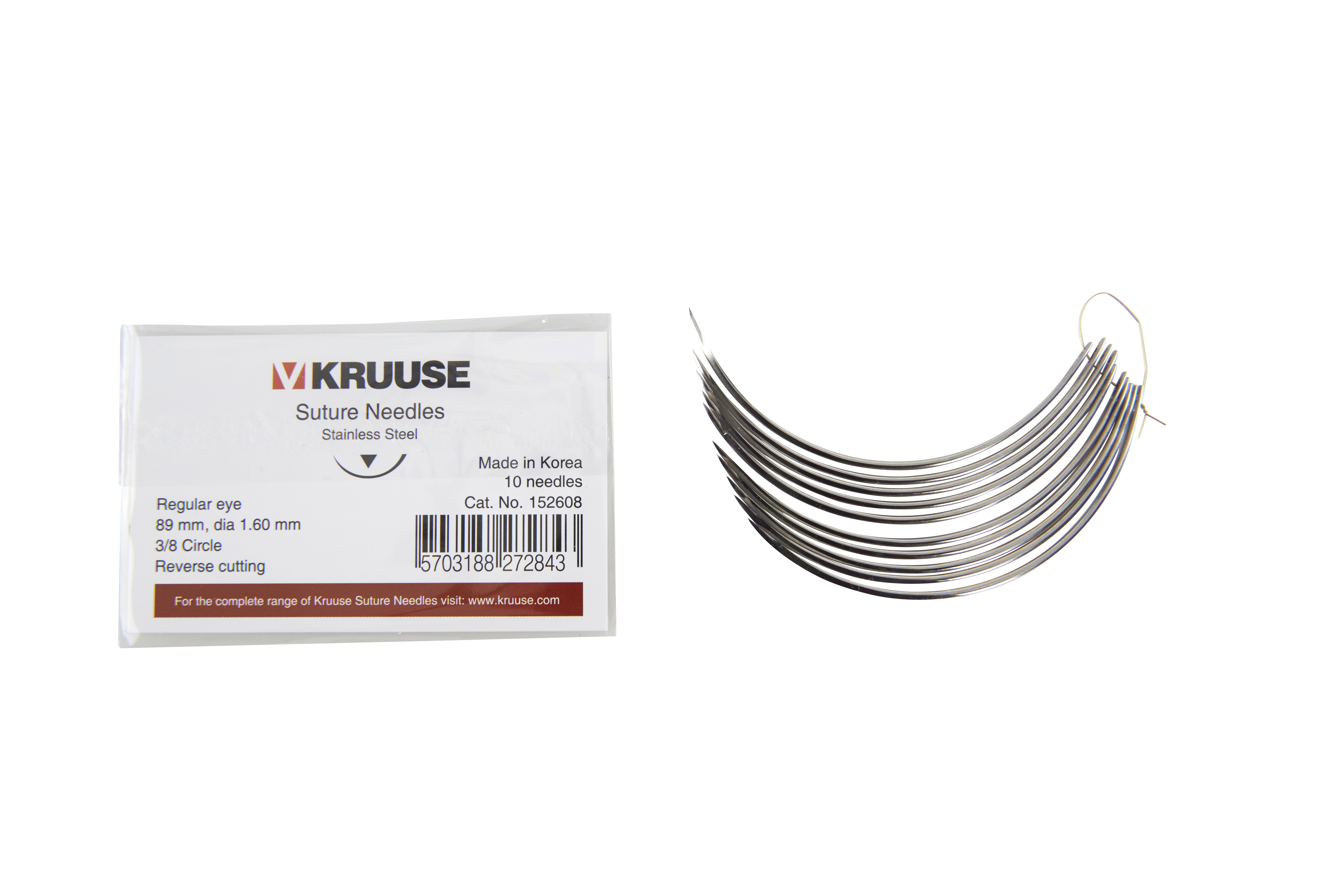 KRUUSE Suture Needle, regular eye, 3/8 circle, reverse cutting, 89 mm (diam. 1.6 mm), 10/pk
