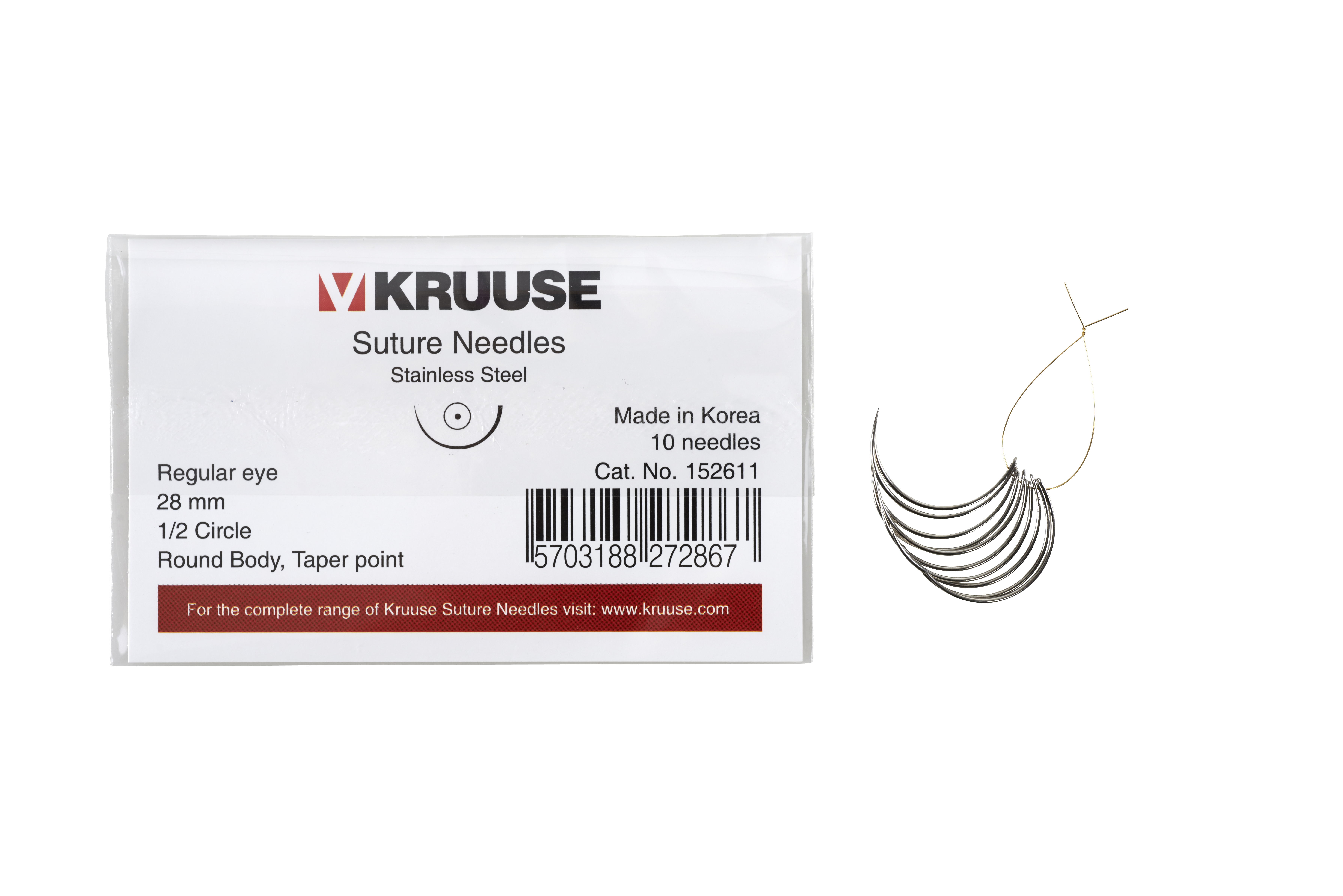 KRUUSE Suture Needle, regular eye, ½ circle, round body, taper point, 28 mm, 10/pk